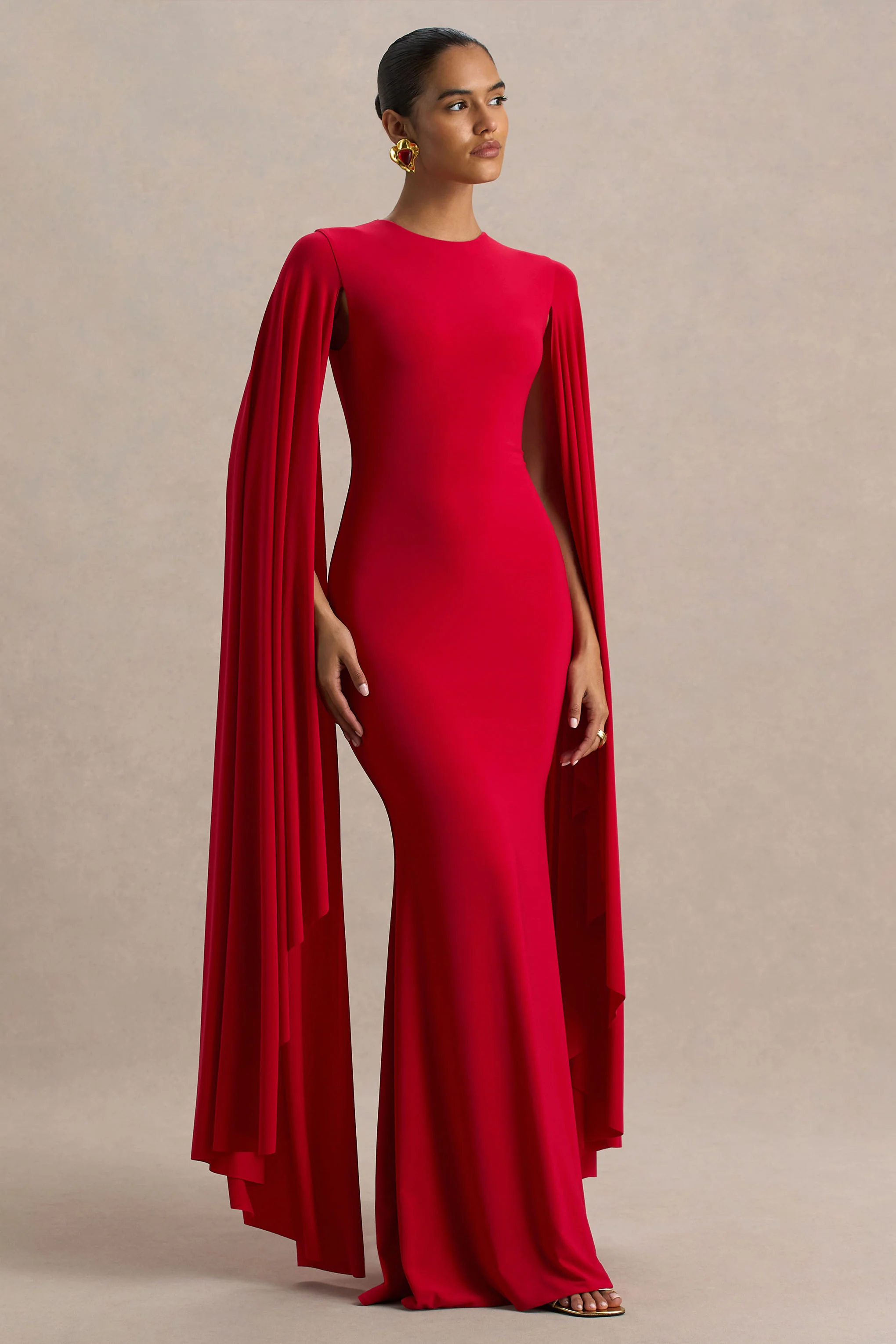 Briony | Red Crew-Neck Maxi Dress With Cape Sleeves - Image 3