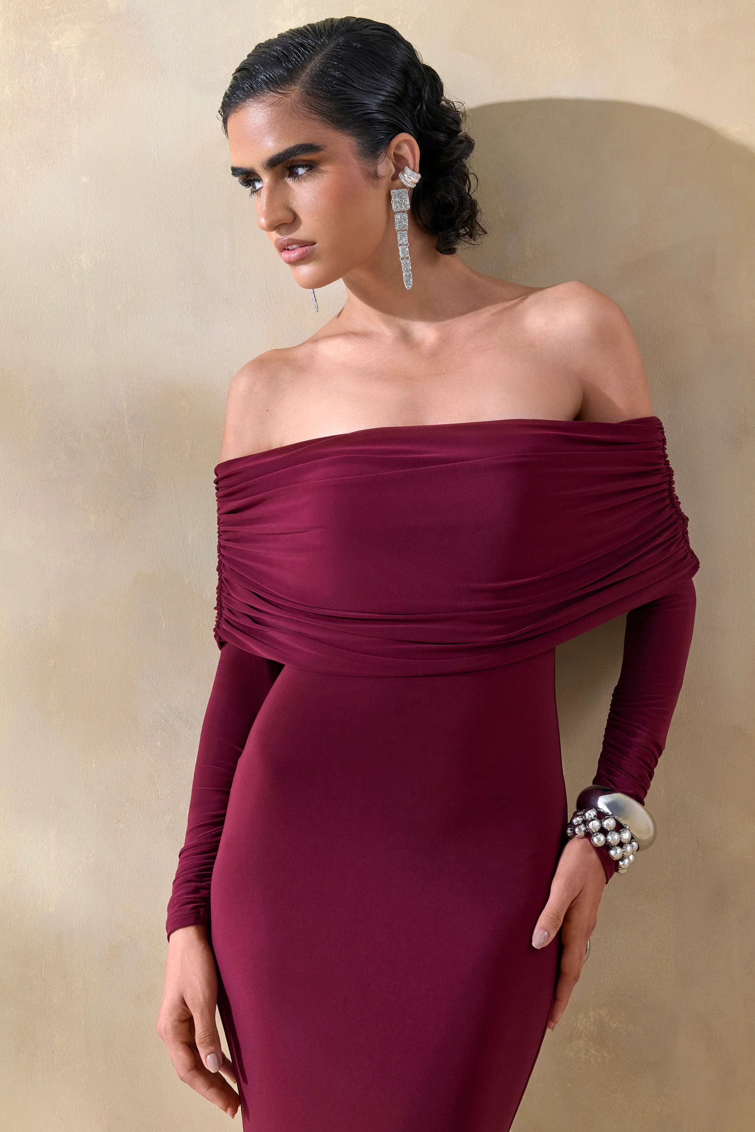 Brisea | Burgundy Bardot-Neck Maxi Dress - Image 3