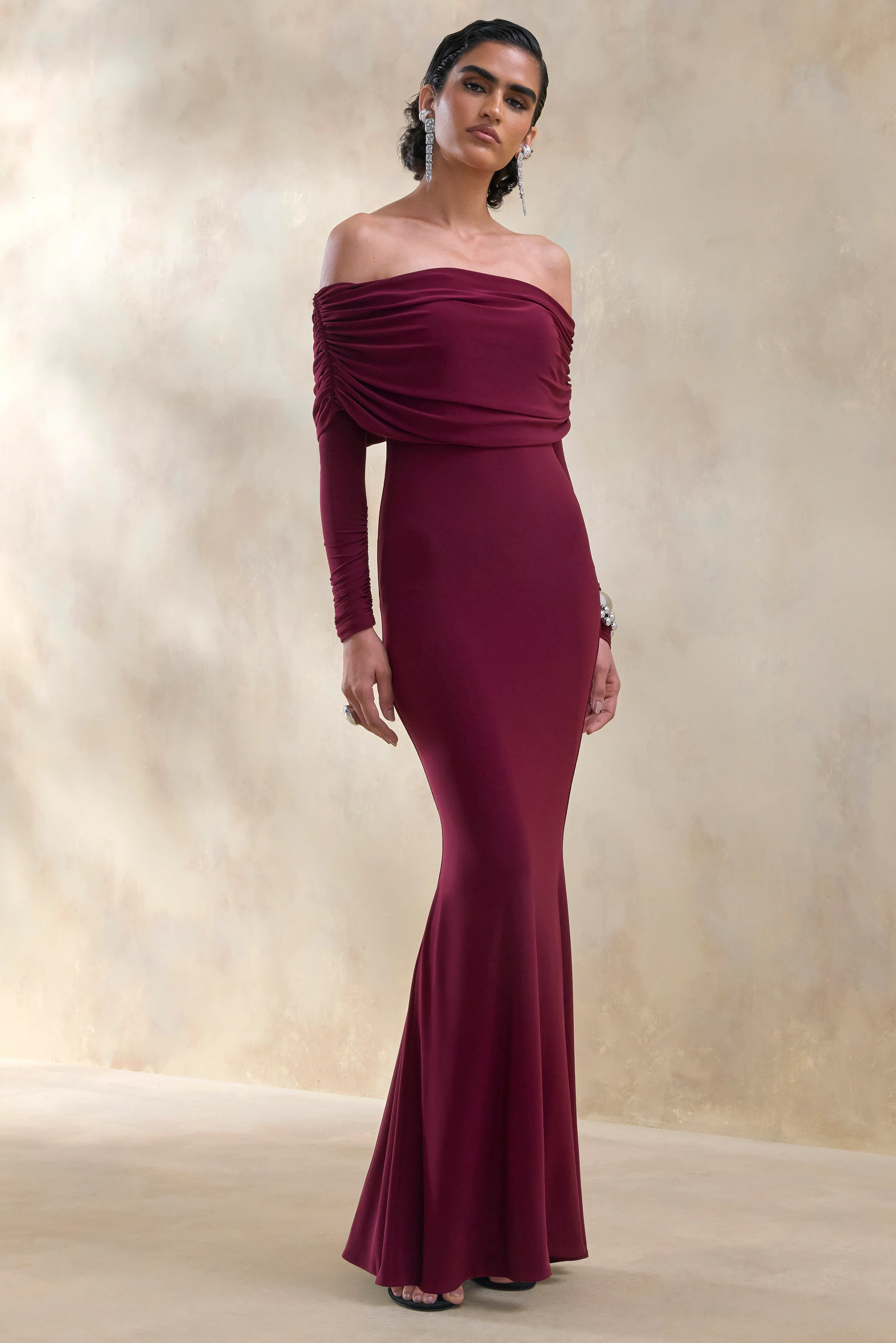 Brisea | Burgundy Bardot-Neck Maxi Dress - Image 4
