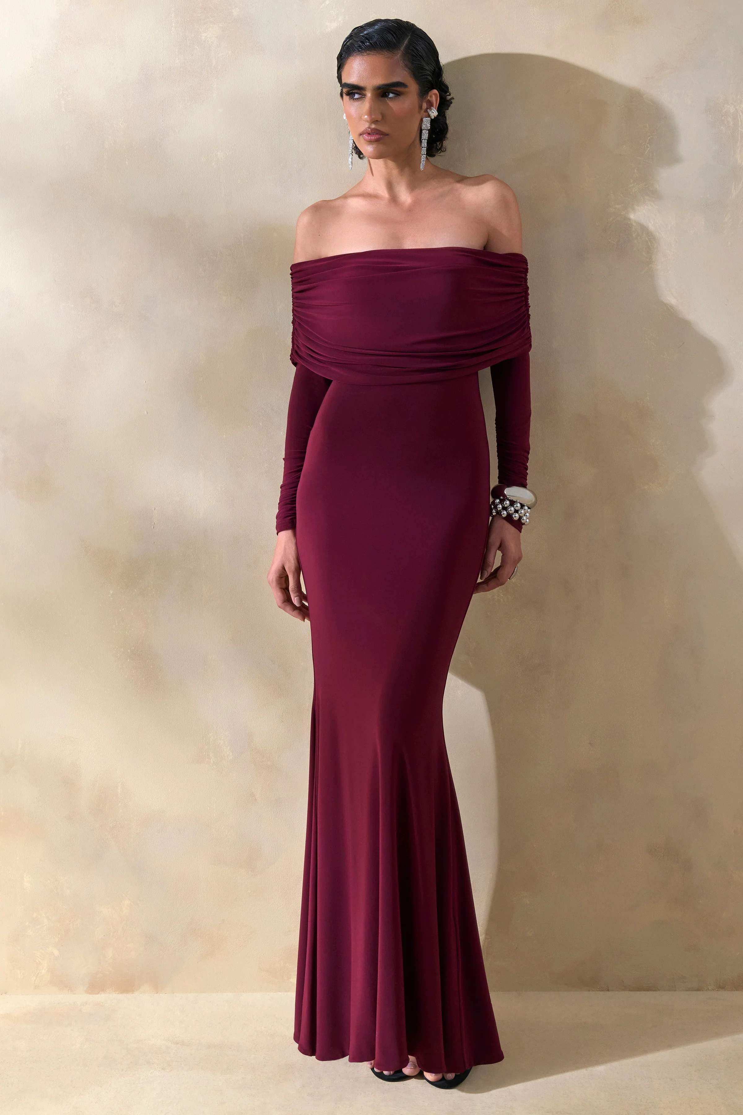Brisea | Burgundy Bardot-Neck Maxi Dress - Image 5