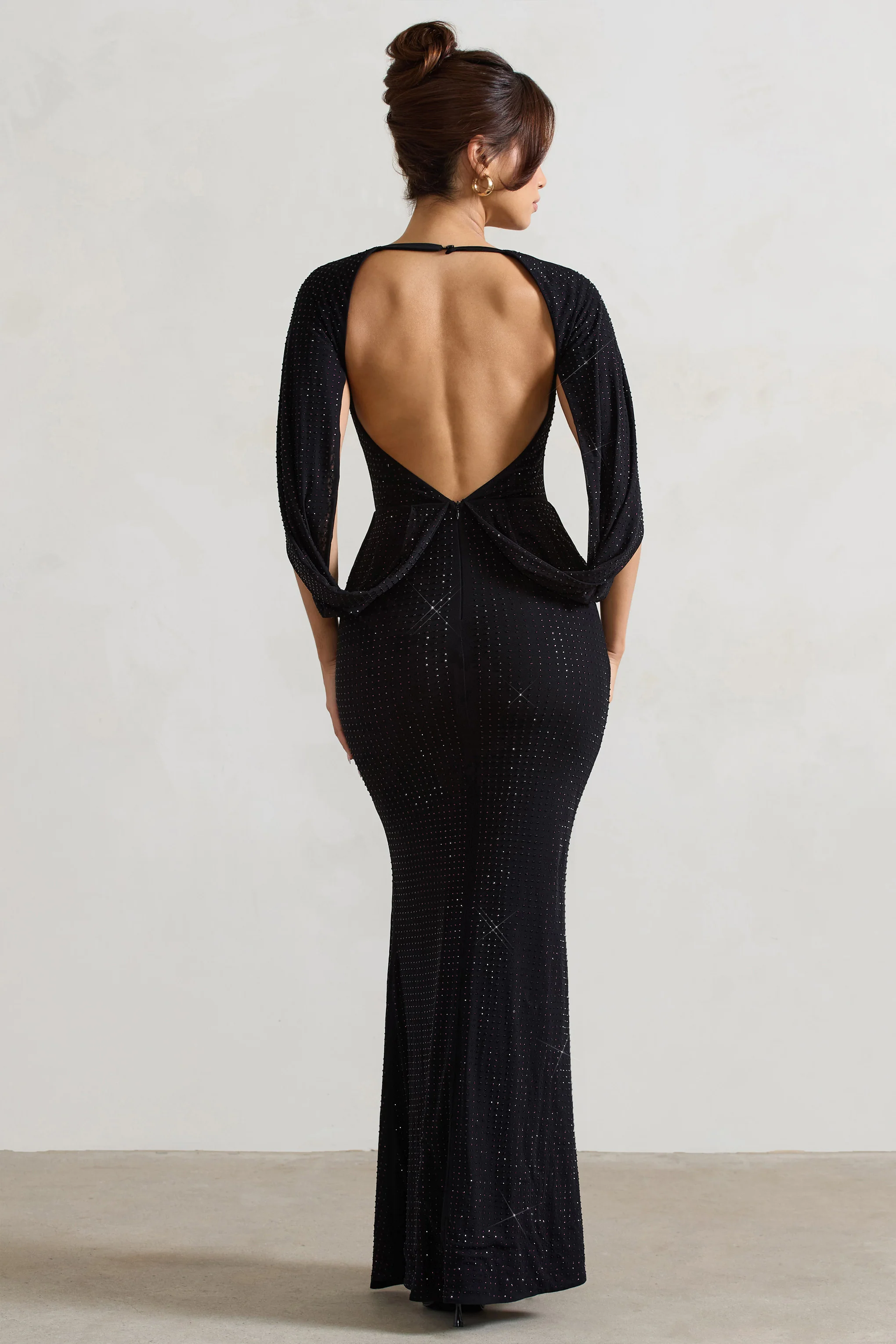 Broadway | Black Embellished Fishtail Maxi Dress With Cape Sleeves - Image 2