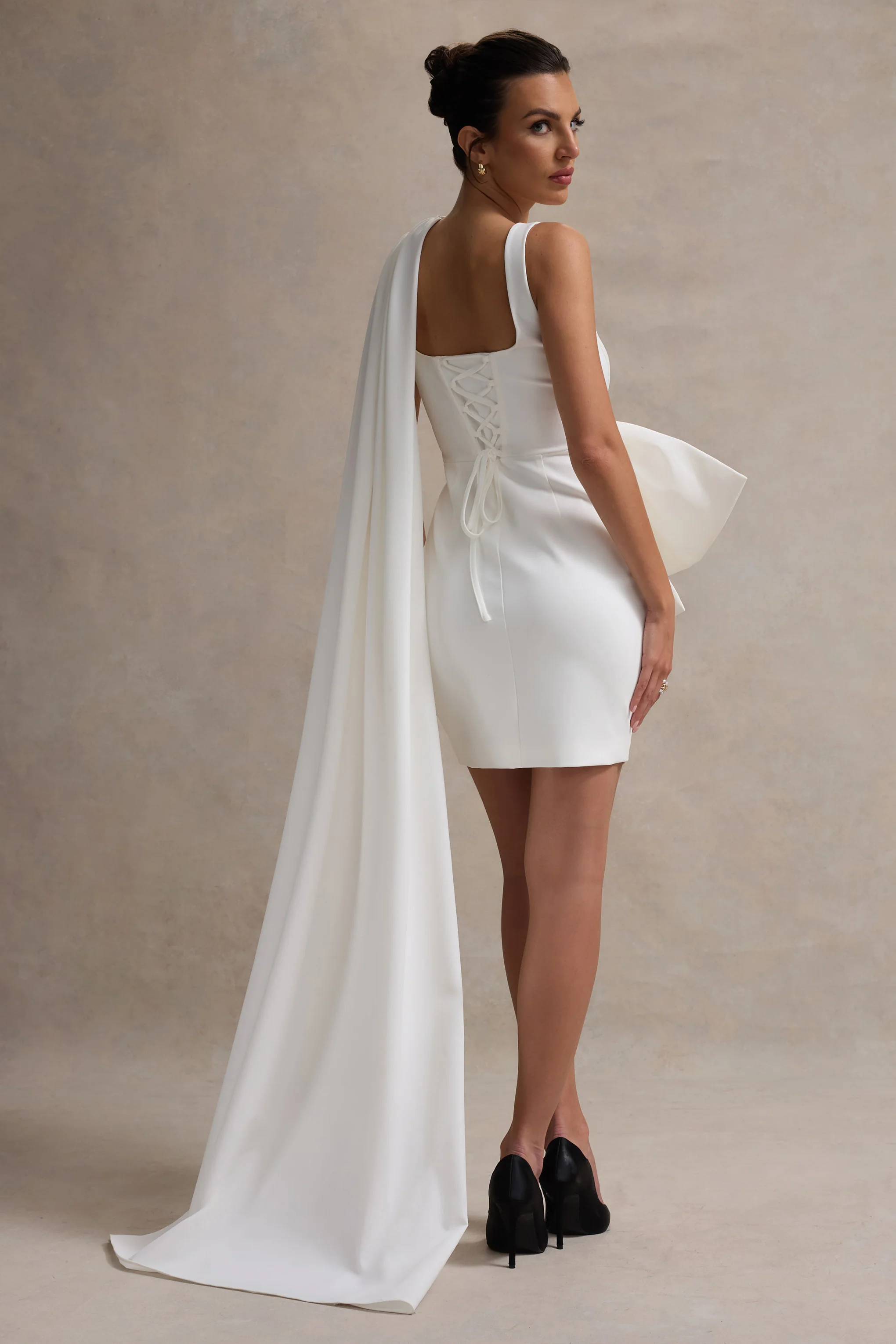 Brulee | Cream Scoop-Neck Sash Mini Dress With Bow - Image 3