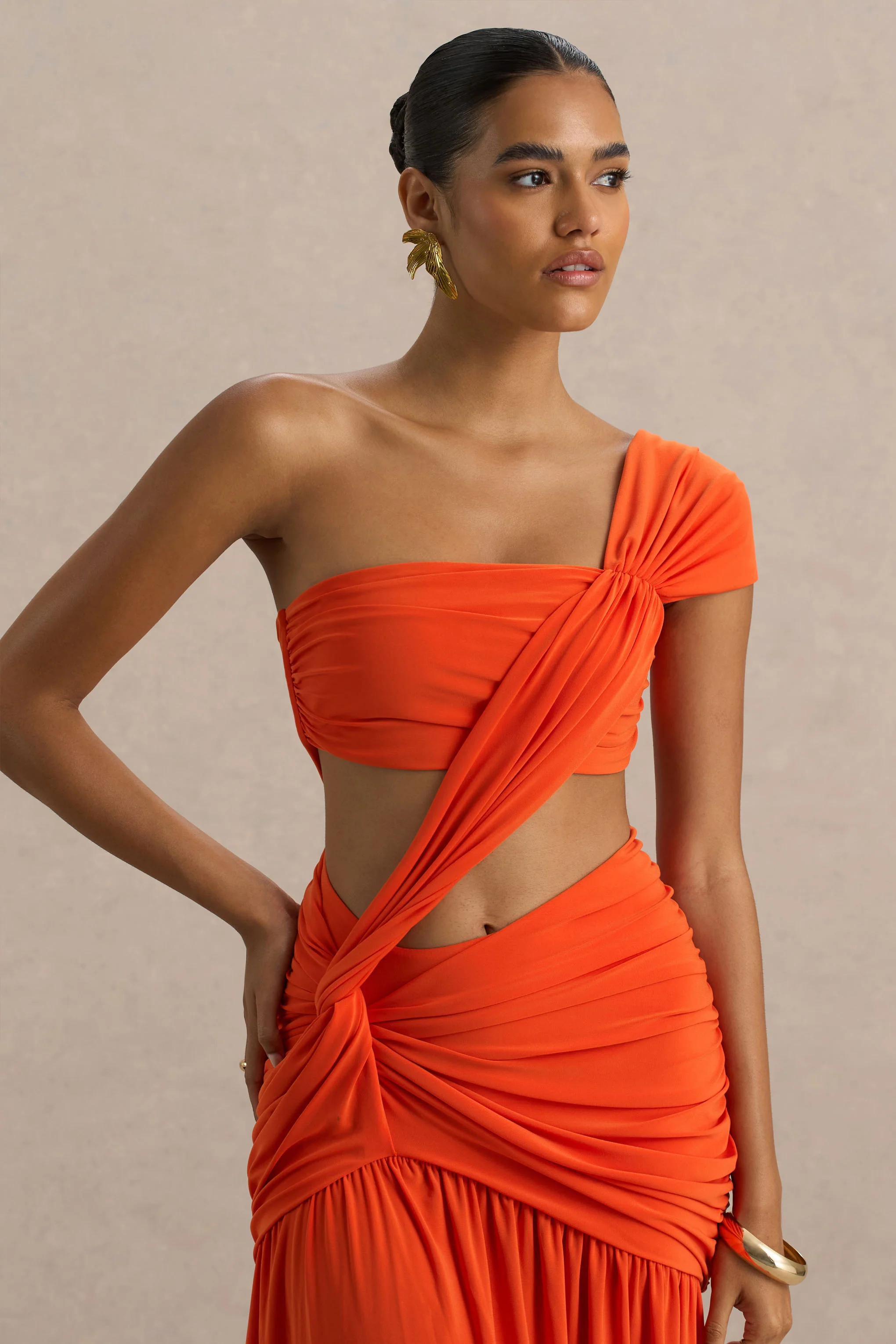 Cadiz | Orange Asymmetric Maxi Dress With Cut-Out Detail and Open-Back - Image 3