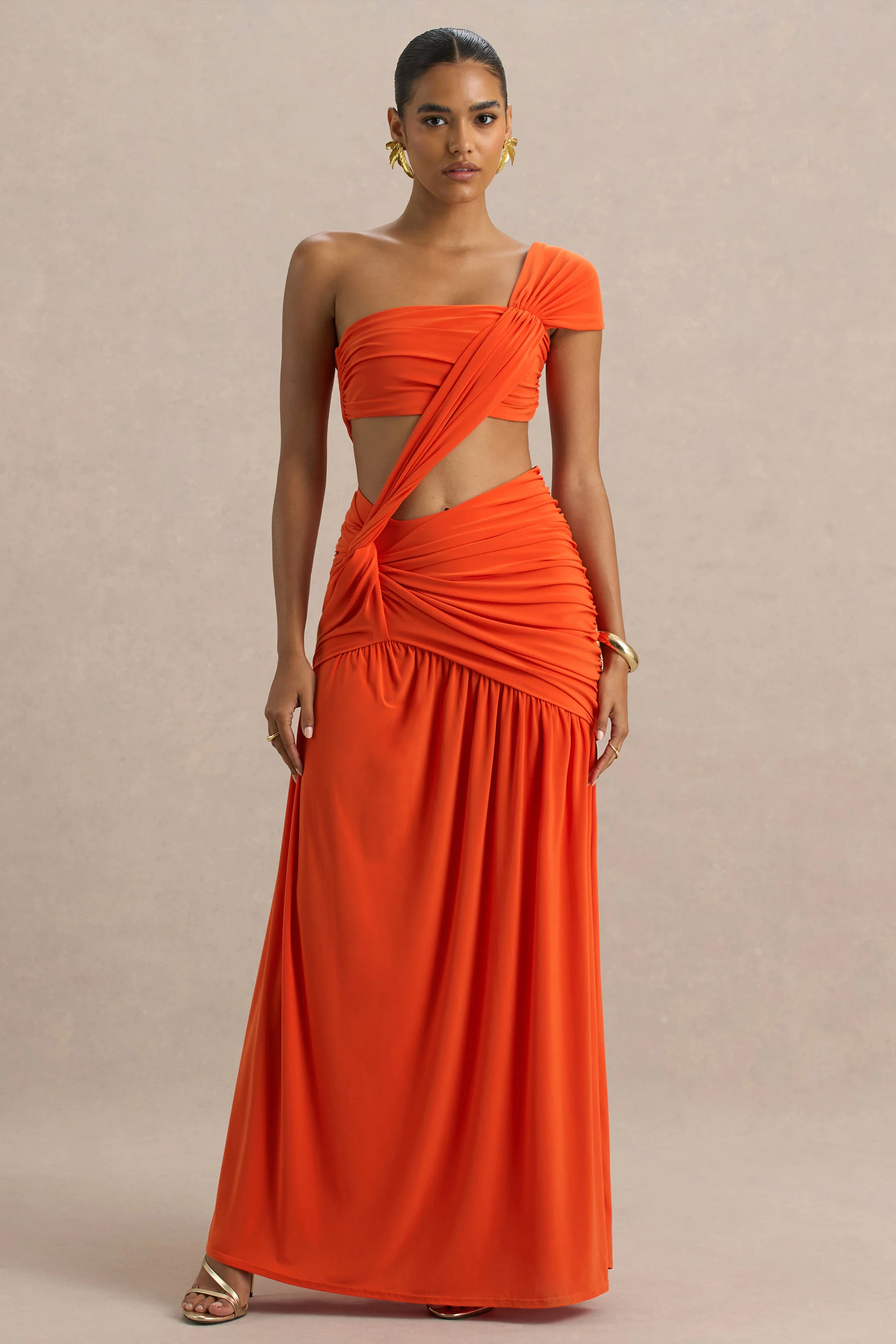 Cadiz | Orange Asymmetric Maxi Dress With Cut-Out Detail and Open-Back - Image 4