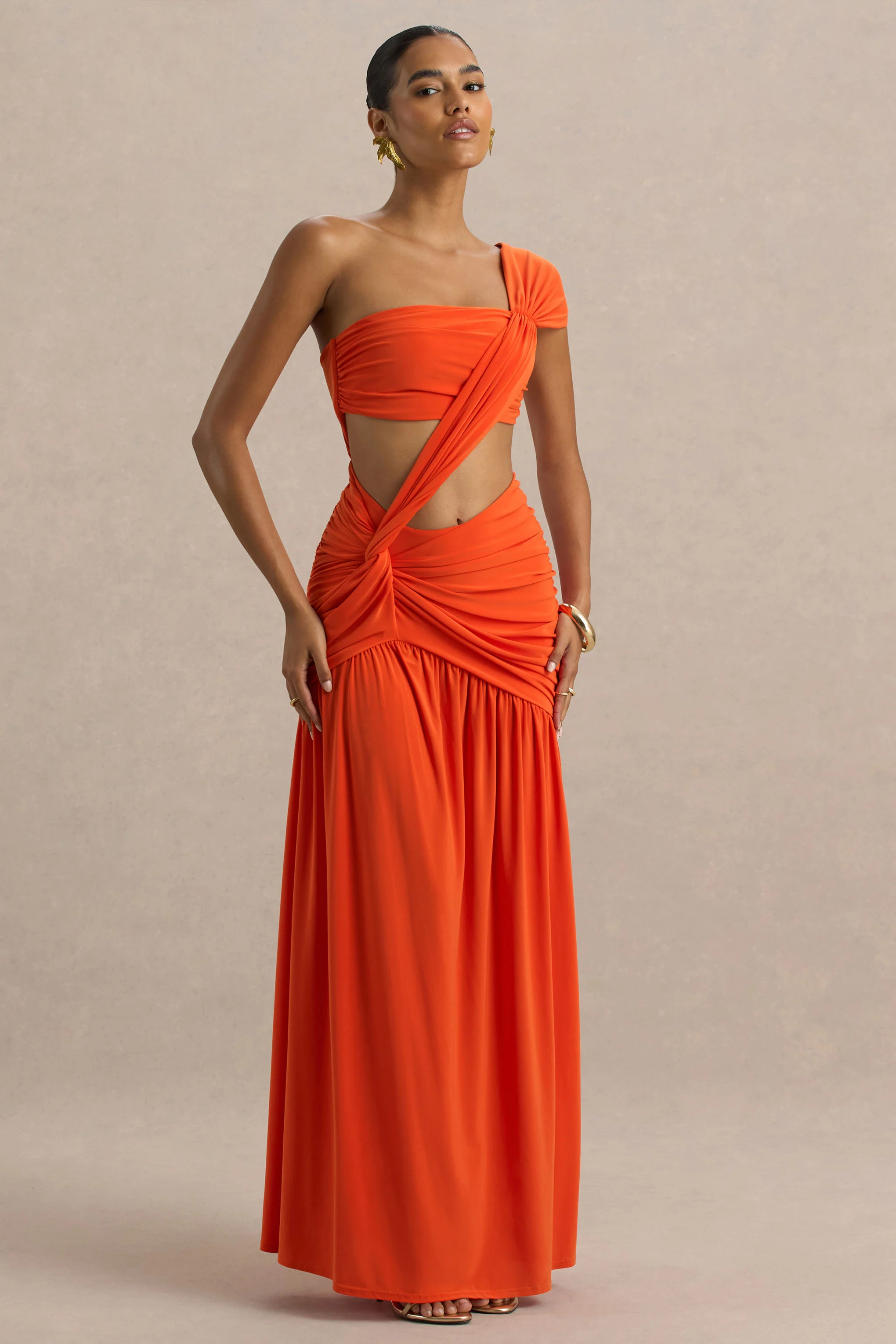 Cadiz | Orange Asymmetric Maxi Dress With Cut-Out Detail and Open-Back - Image 5
