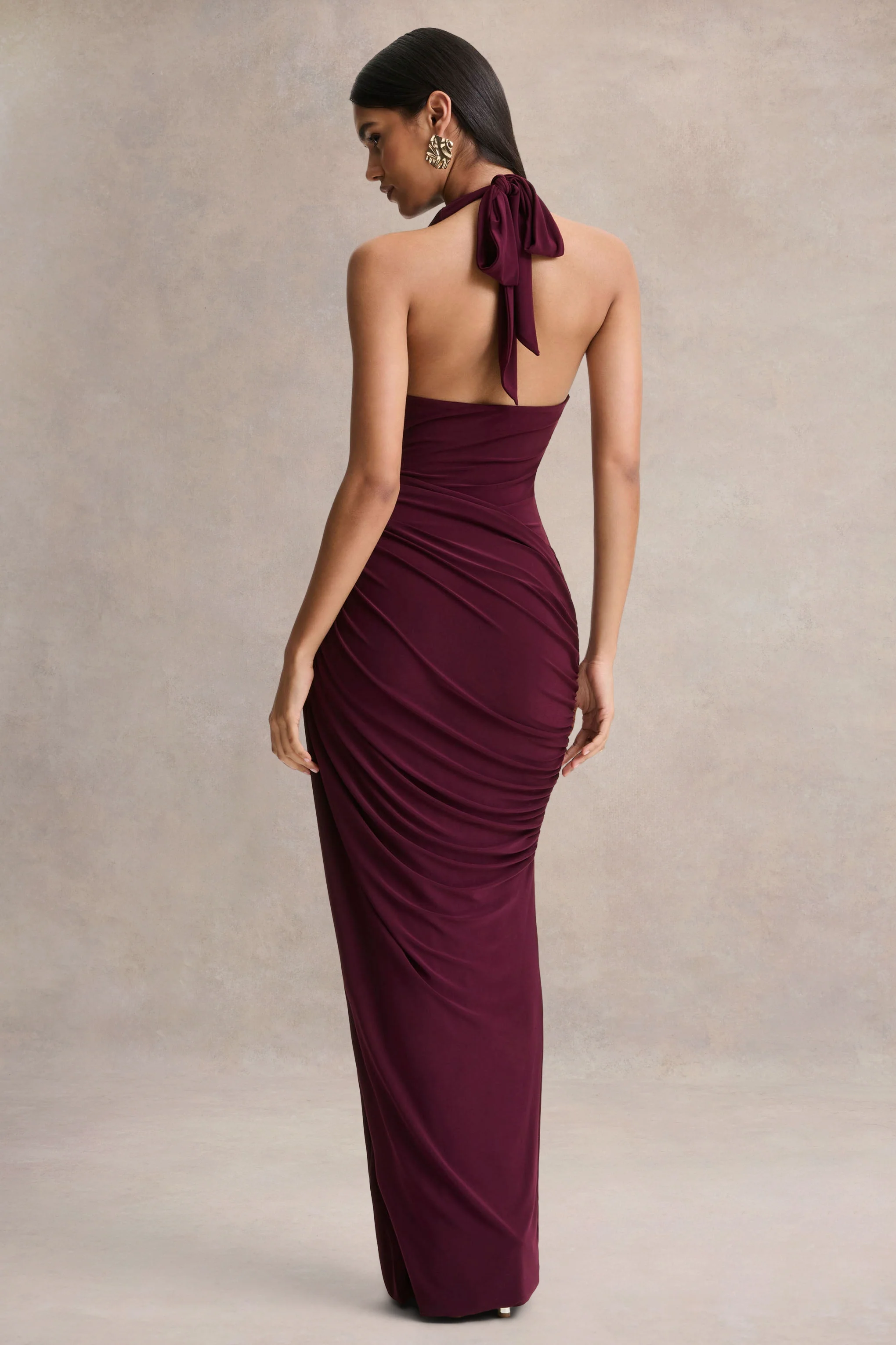 Cairo | Burgundy Cowl-Neck Maxi Dress With Gathered Detailing - Image 2