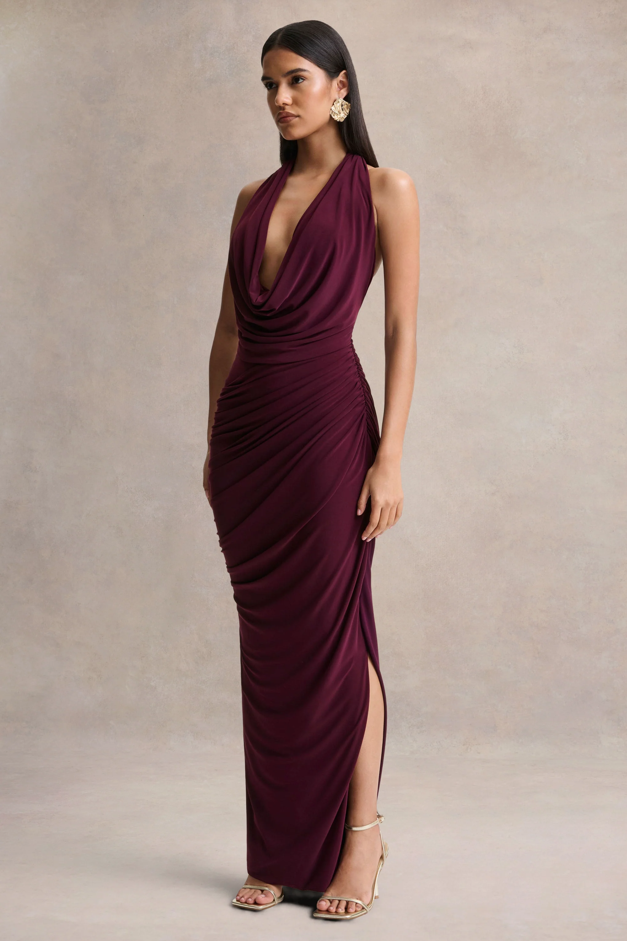 Cairo | Burgundy Cowl-Neck Maxi Dress With Gathered Detailing - Image 4
