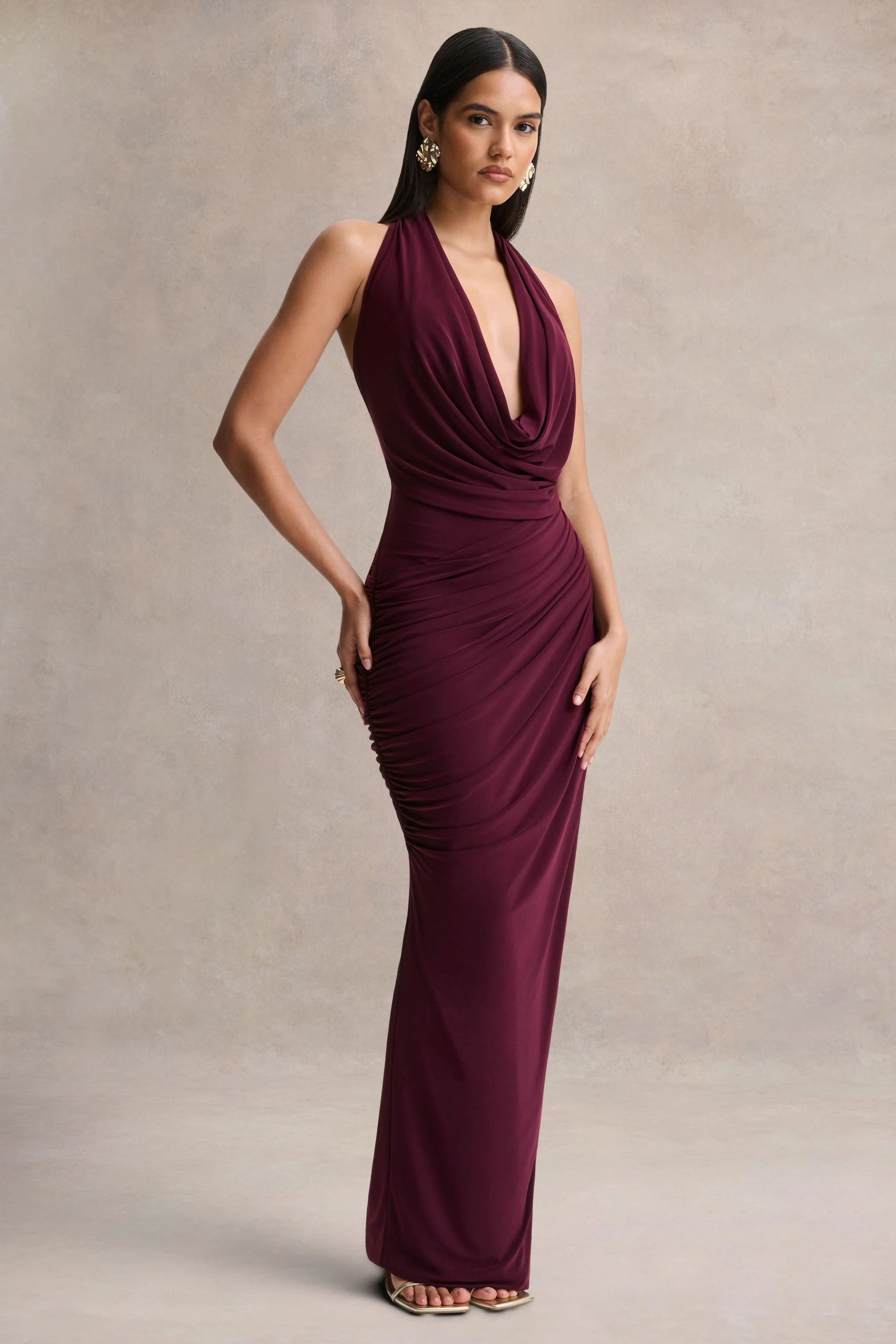 Cairo | Burgundy Cowl-Neck Maxi Dress With Gathered Detailing - Image 5