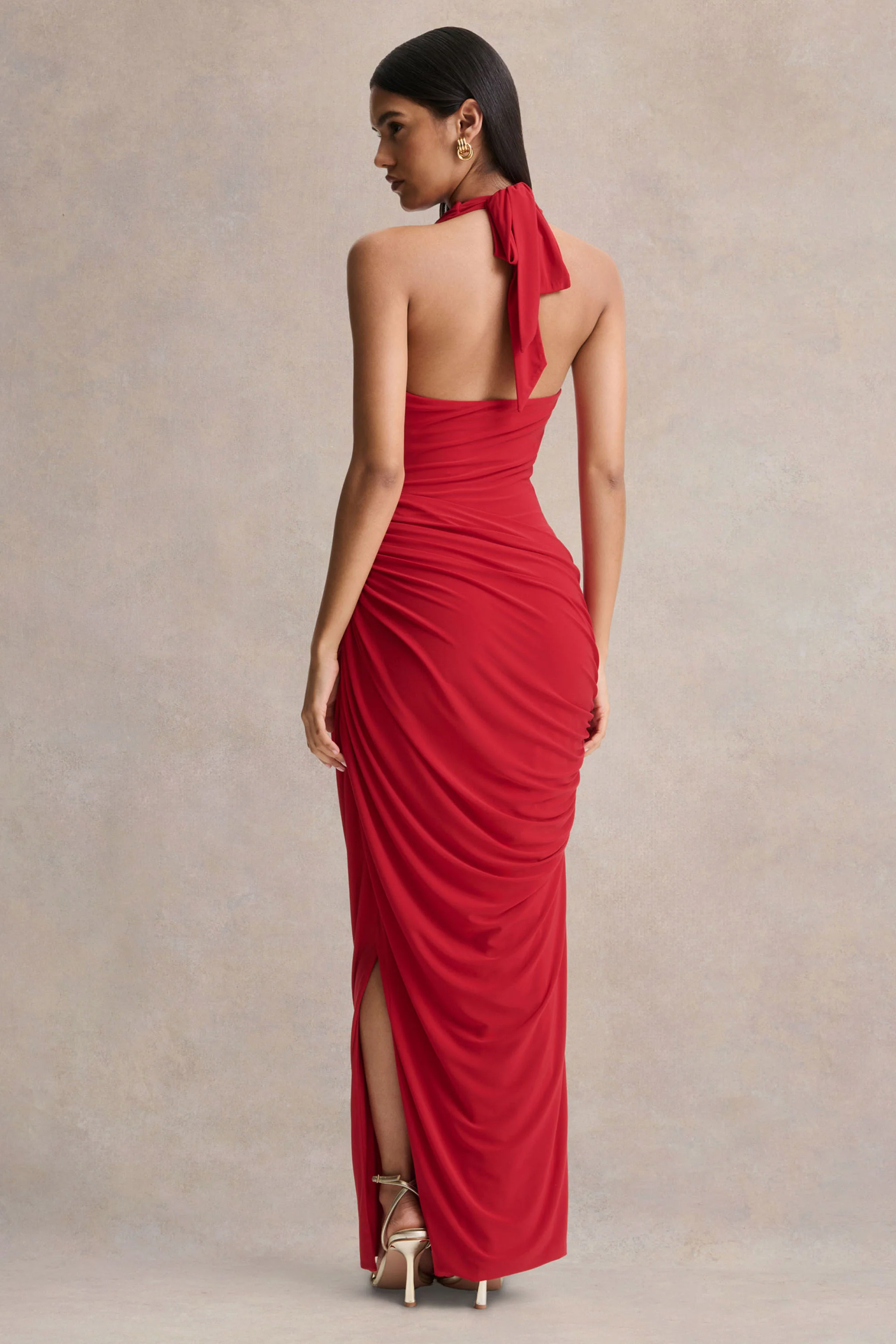 Cairo | Red Cowl-Neck Maxi Dress With Gathered Detailing - Image 2