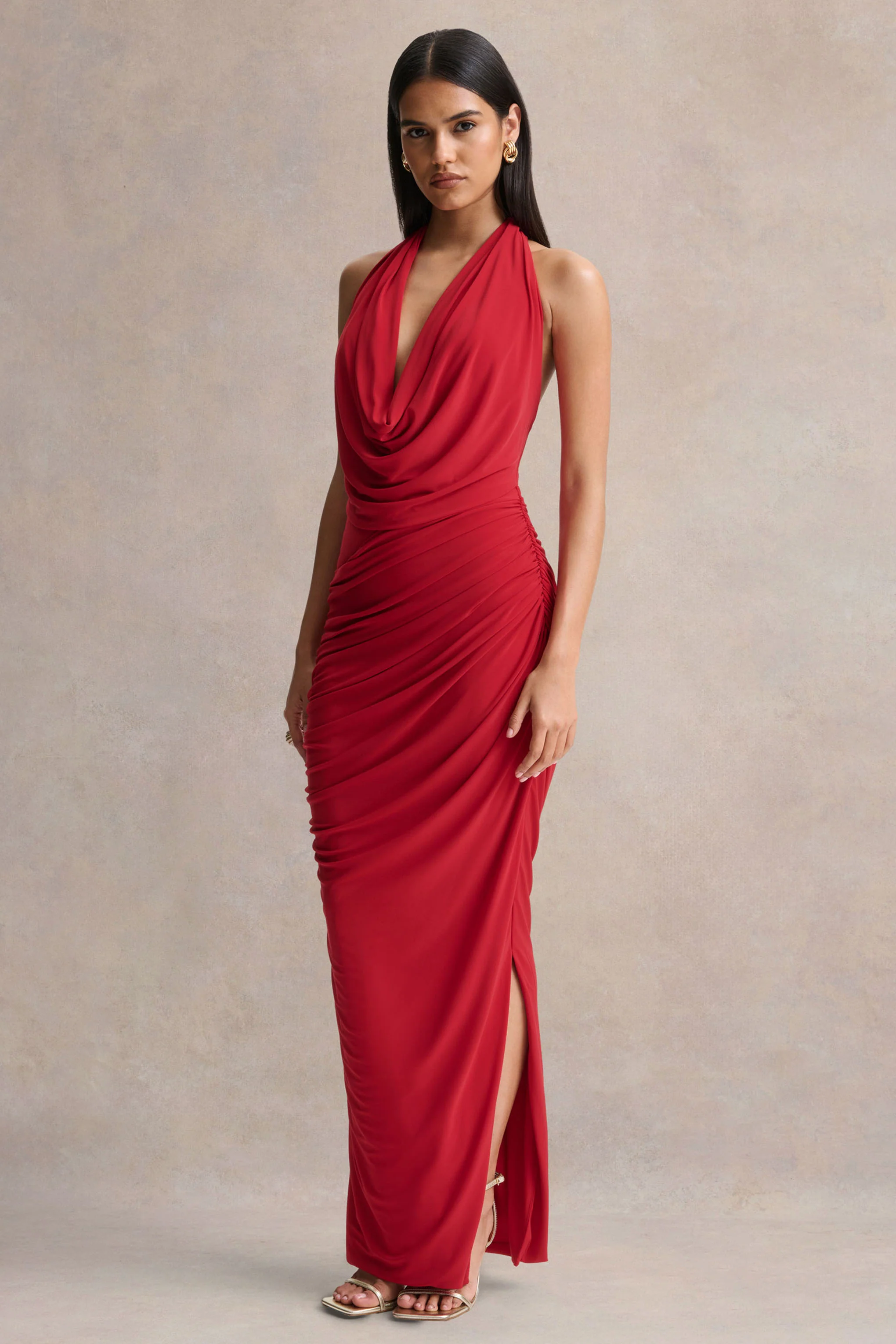 Cairo | Red Cowl-Neck Maxi Dress With Gathered Detailing - Image 4