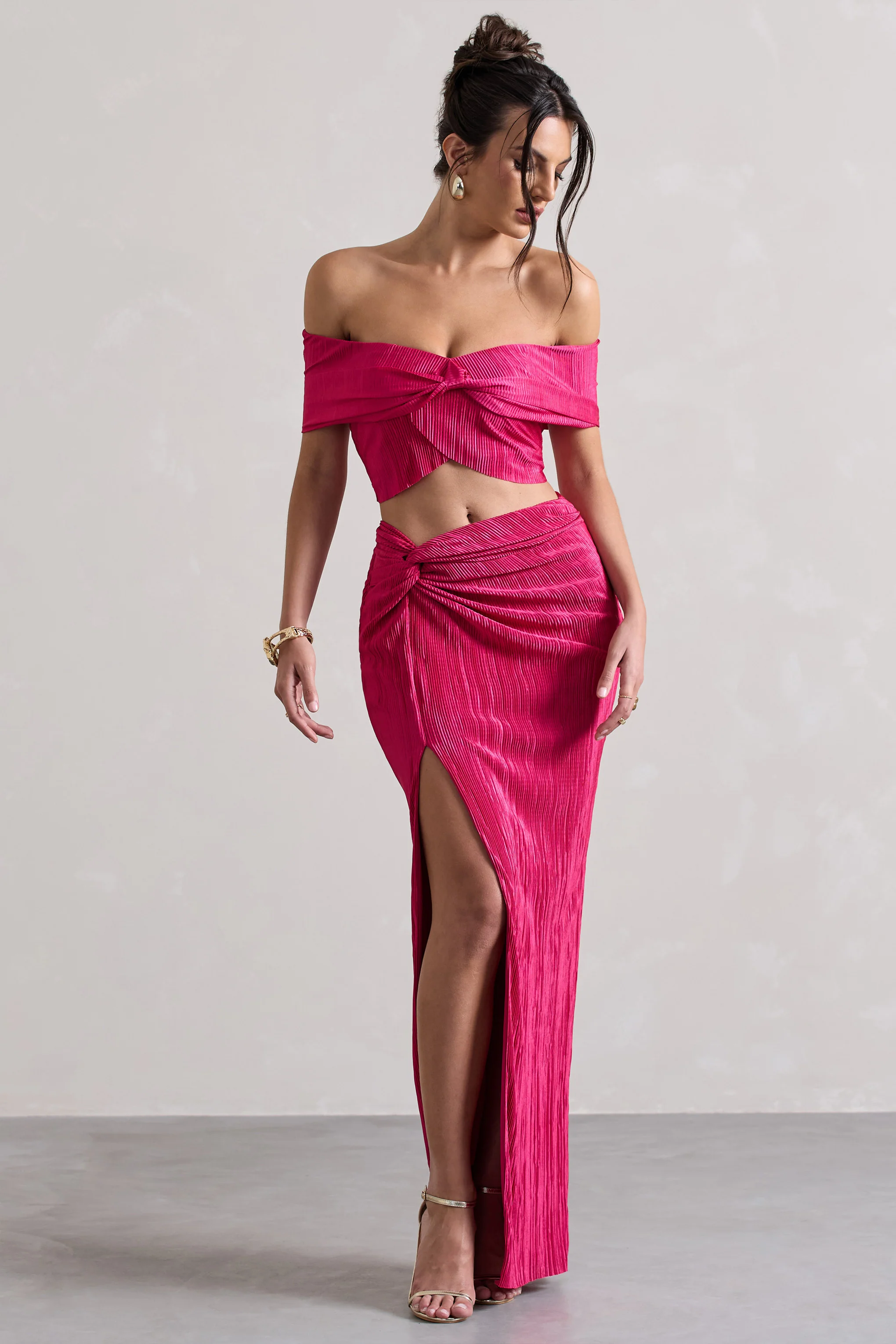 Calida | Hot Pink Plisse Knot Split Maxi Skirt - Image 5