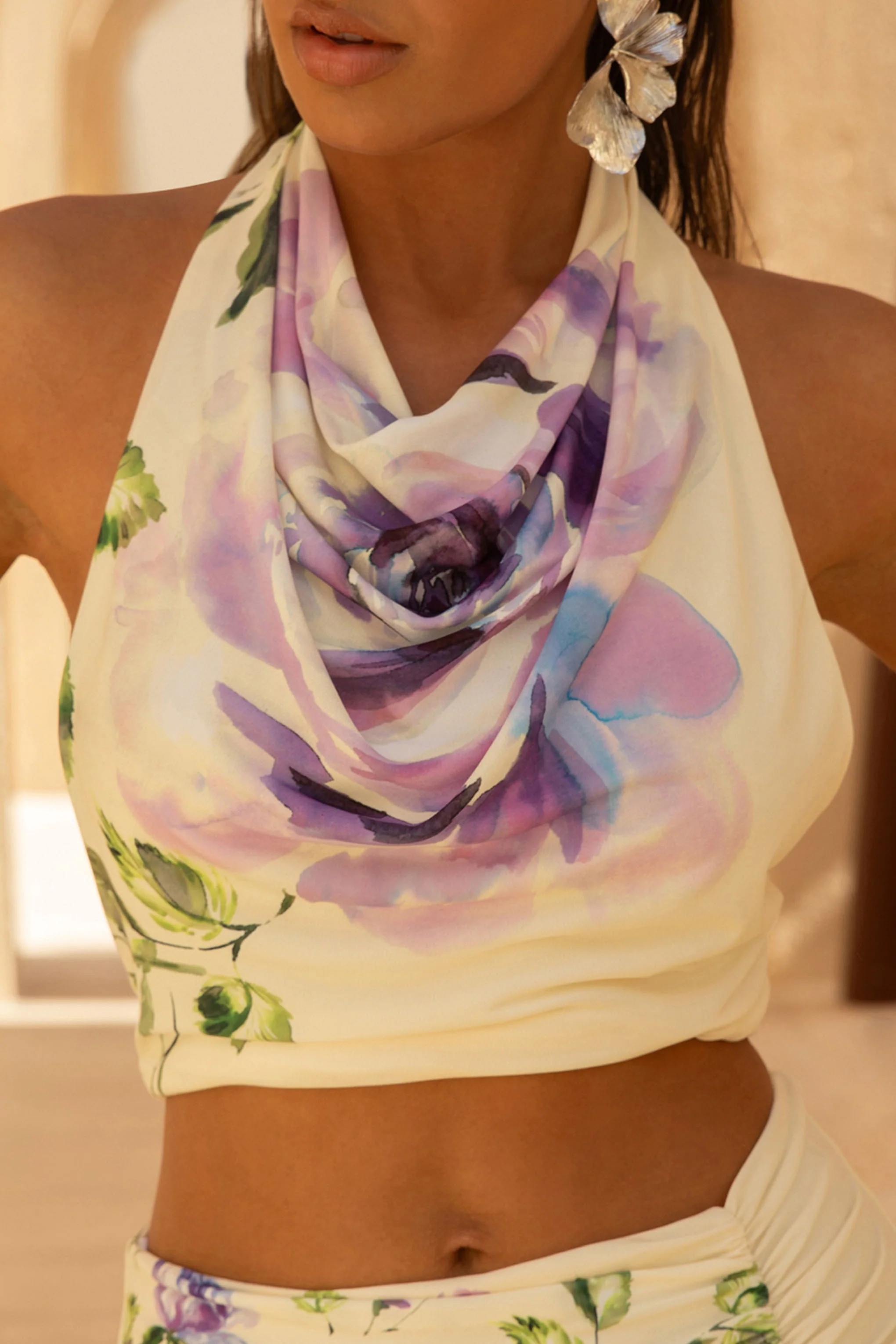 Calla | Lilac Floral Placement Print High-Neck Crop-Top - Image 3