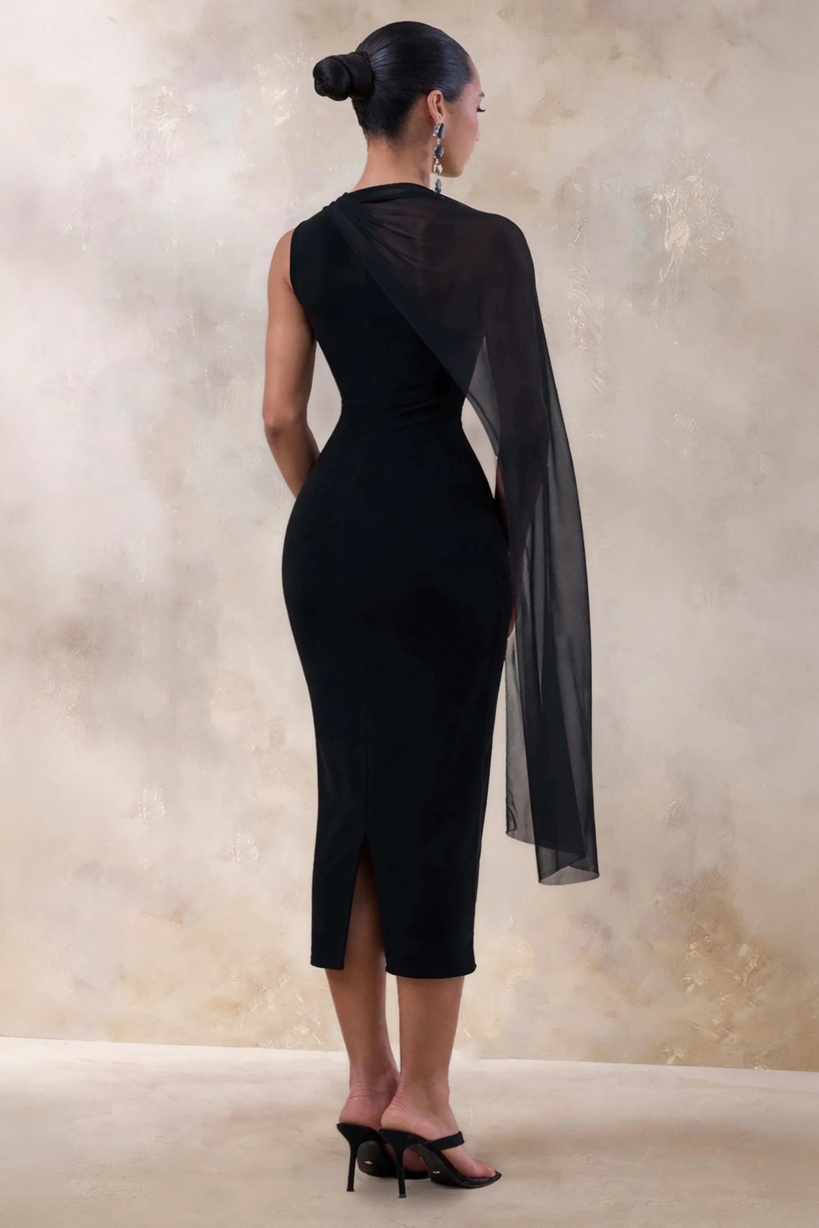 Caloria | Black Asymmetric-Neck Midi Dress With Mesh-Cape - Image 2