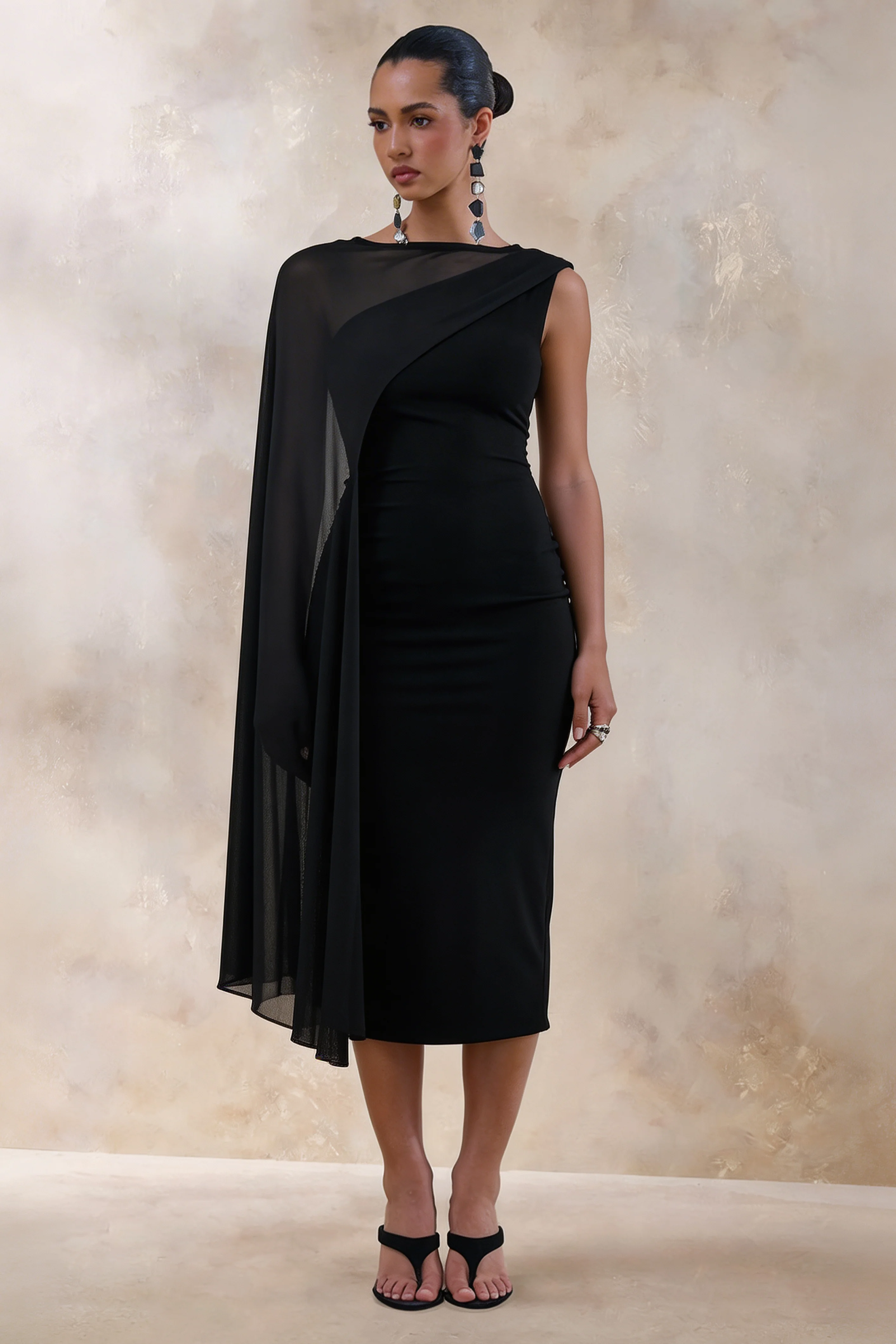 Caloria | Black Asymmetric-Neck Midi Dress With Mesh-Cape - Image 4