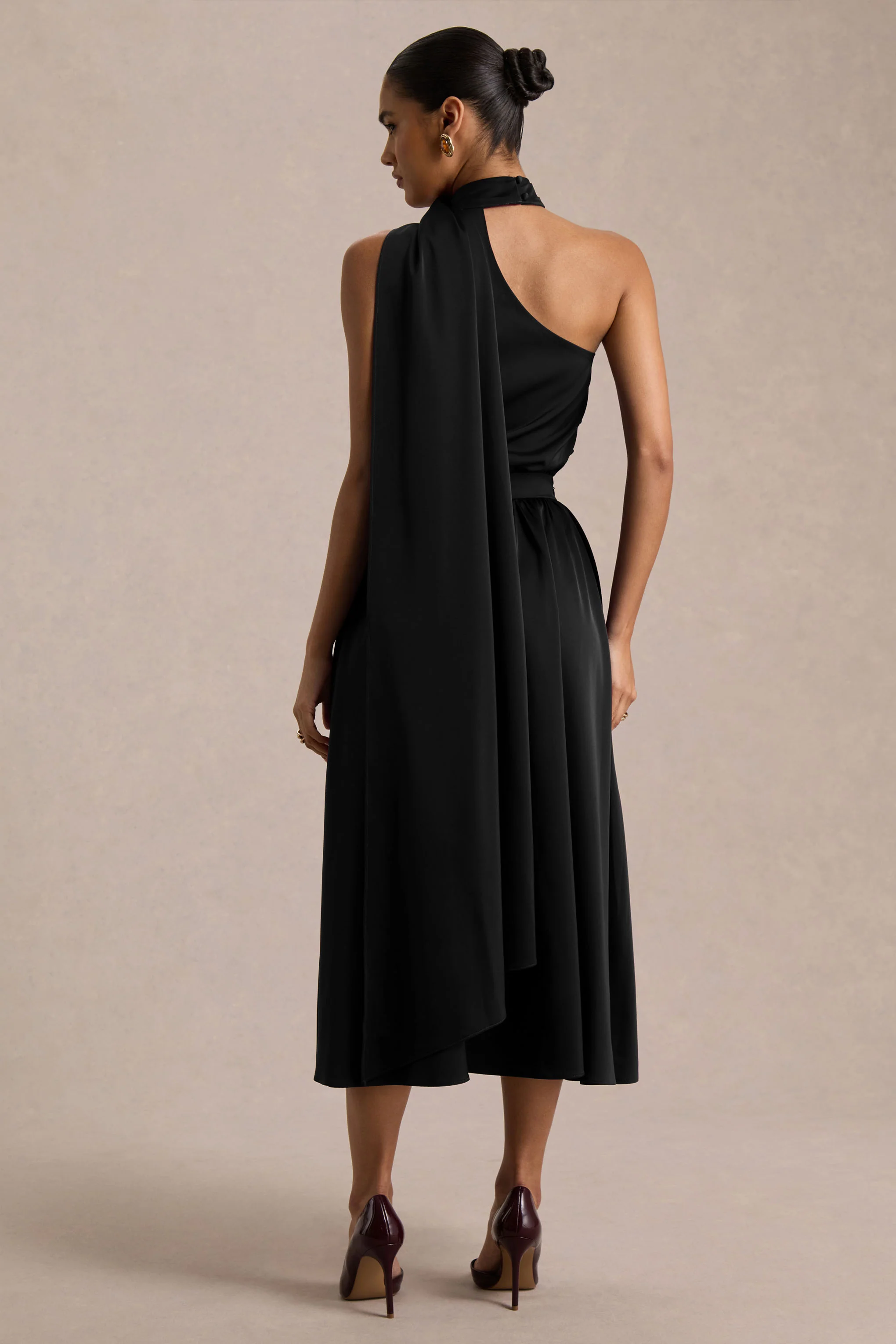 Caluna | Black Satin Asymmetric-Neck Midi Dress With Scarf-Detail - Image 2