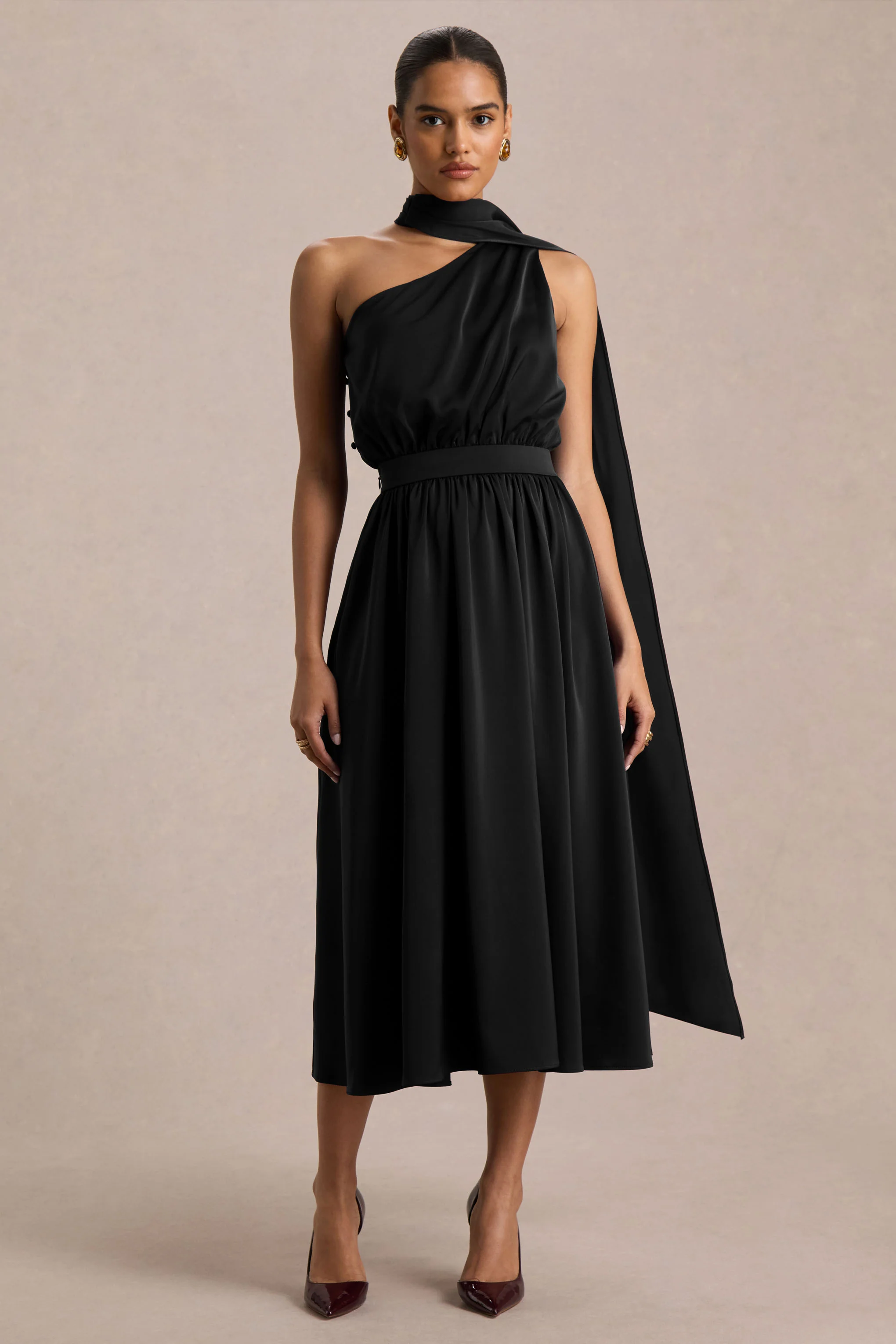 Caluna | Black Satin Asymmetric-Neck Midi Dress With Scarf-Detail - Image 3