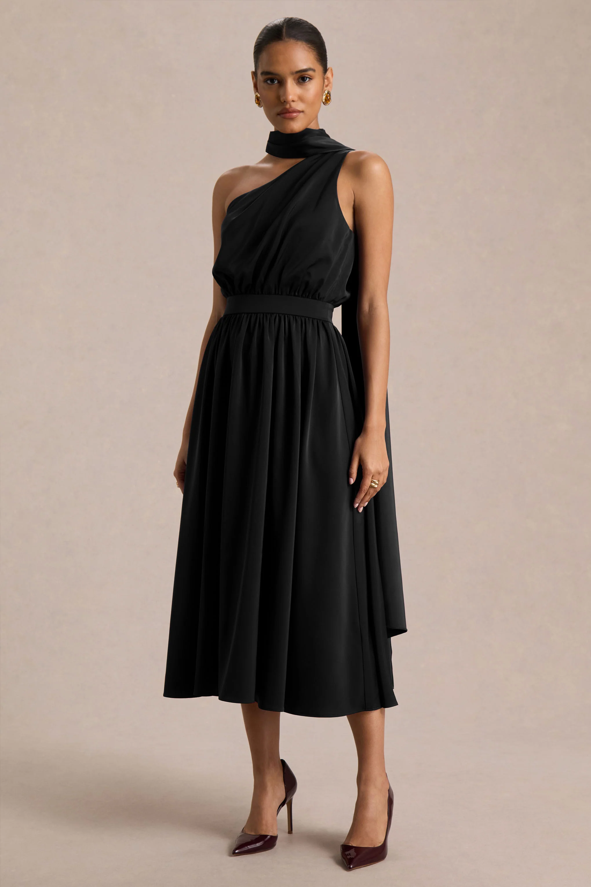 Caluna | Black Satin Asymmetric-Neck Midi Dress With Scarf-Detail - Image 4