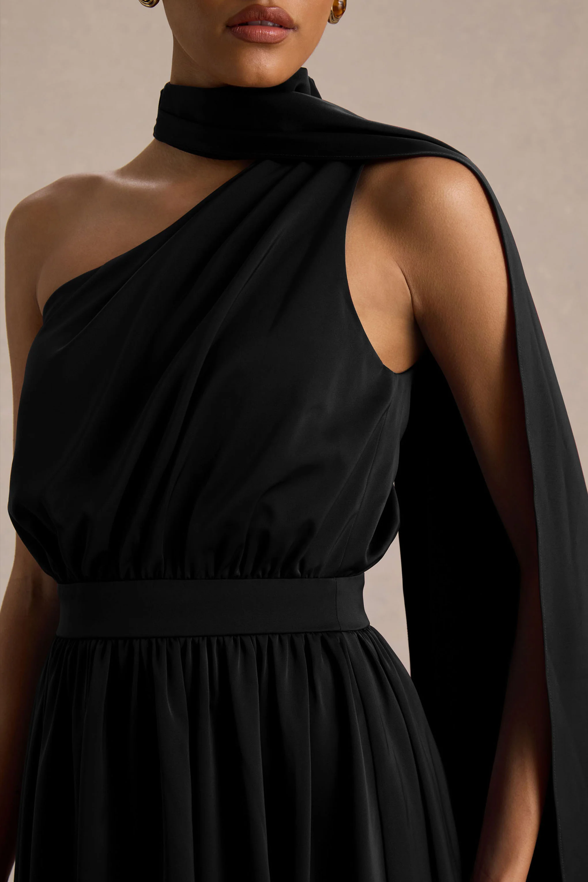 Caluna | Black Satin Asymmetric-Neck Midi Dress With Scarf-Detail - Image 5