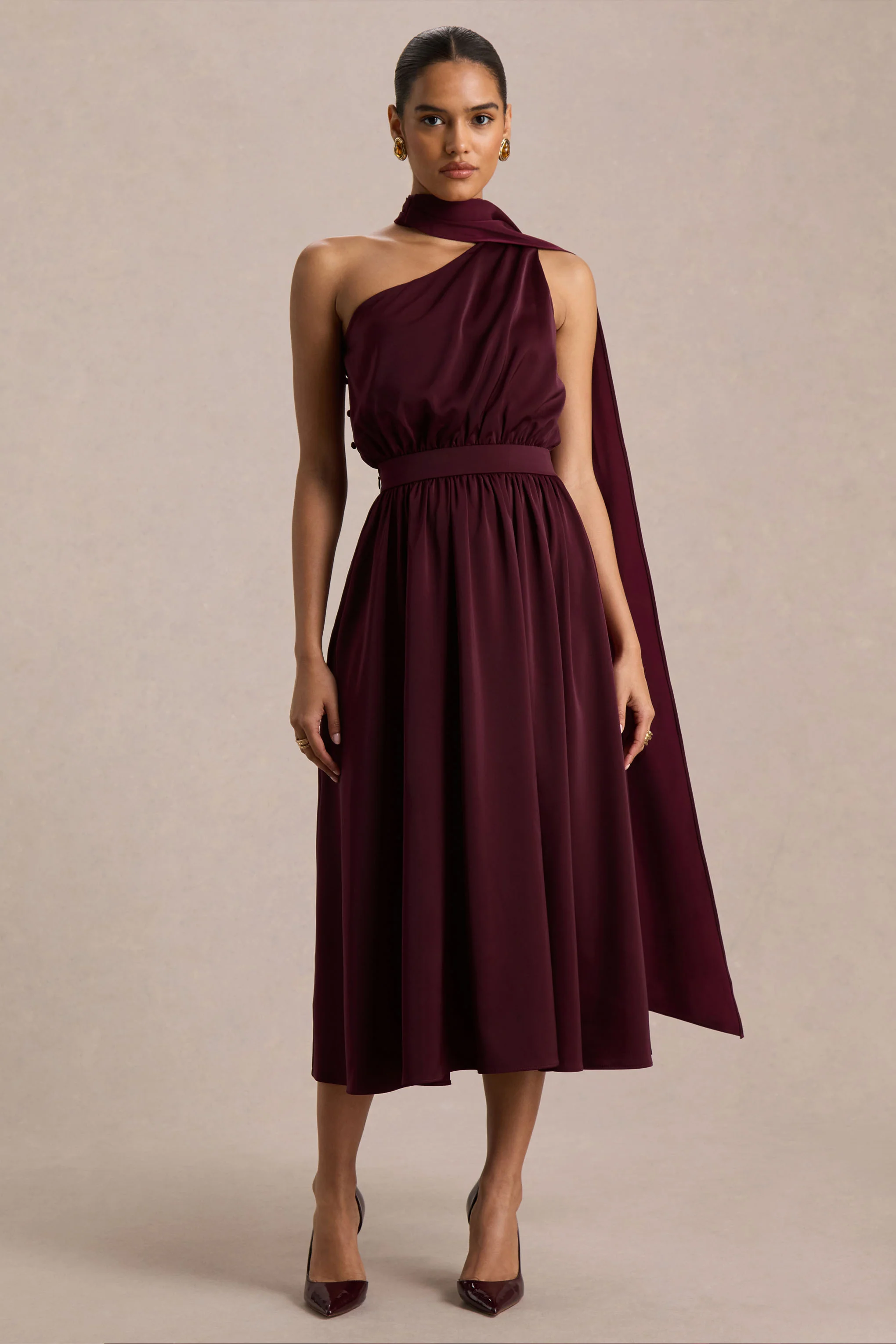 Caluna | Burgundy Satin Asymmetric-Neck Midi Dress With Scarf-Detail - Image 3