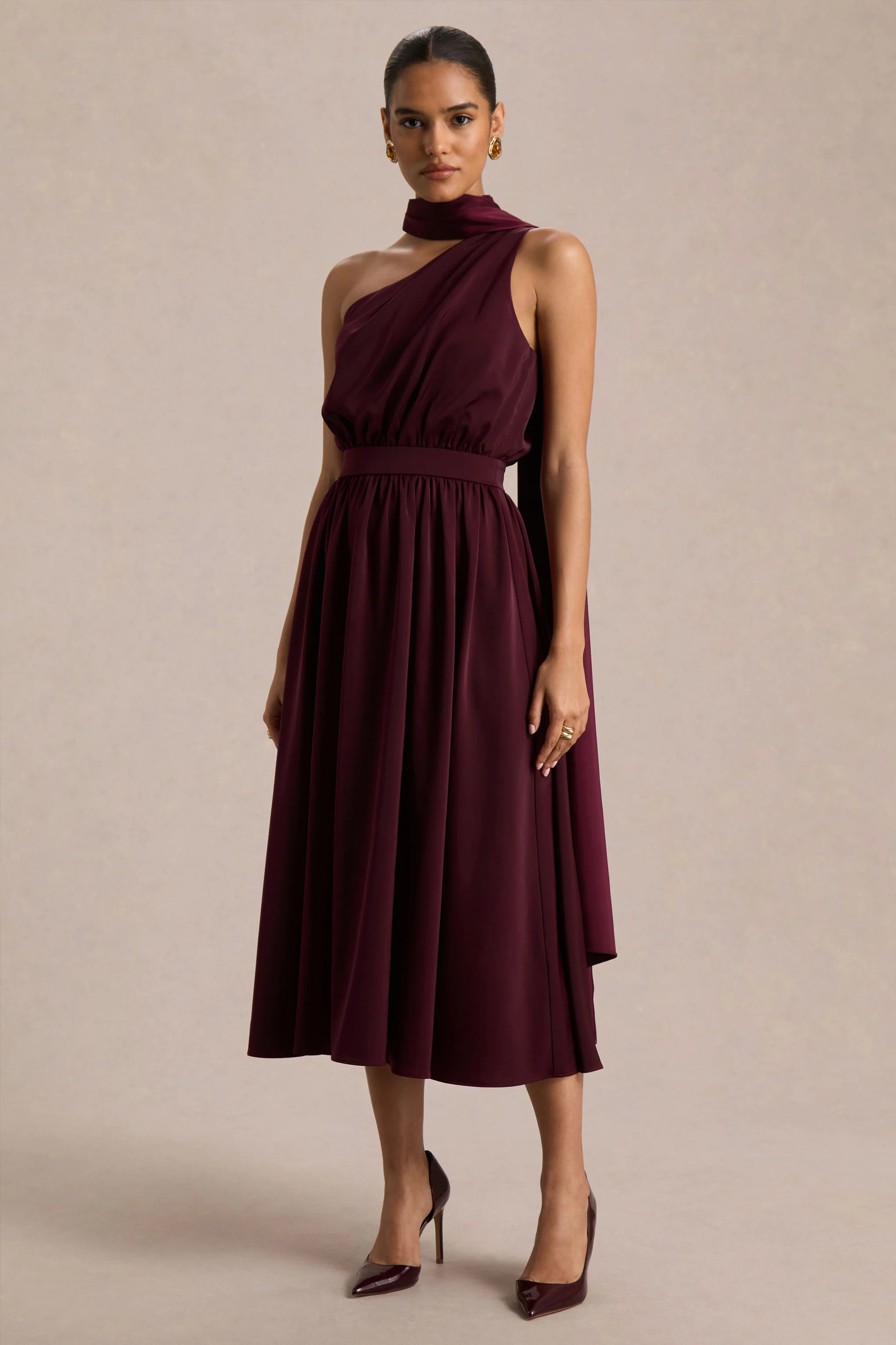 Caluna | Burgundy Satin Asymmetric-Neck Midi Dress With Scarf-Detail - Image 4