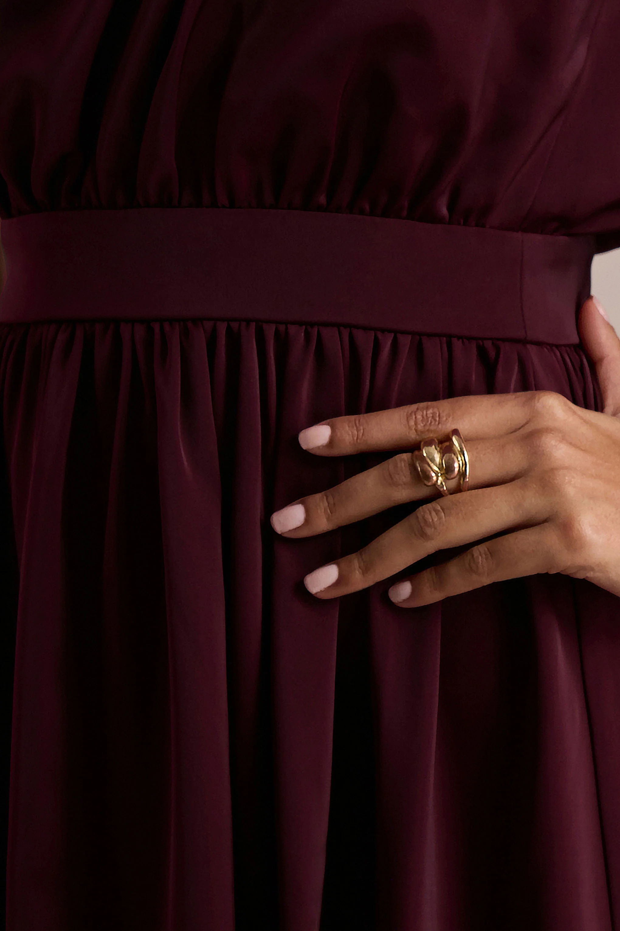 Caluna | Burgundy Satin Asymmetric-Neck Midi Dress With Scarf-Detail - Image 6