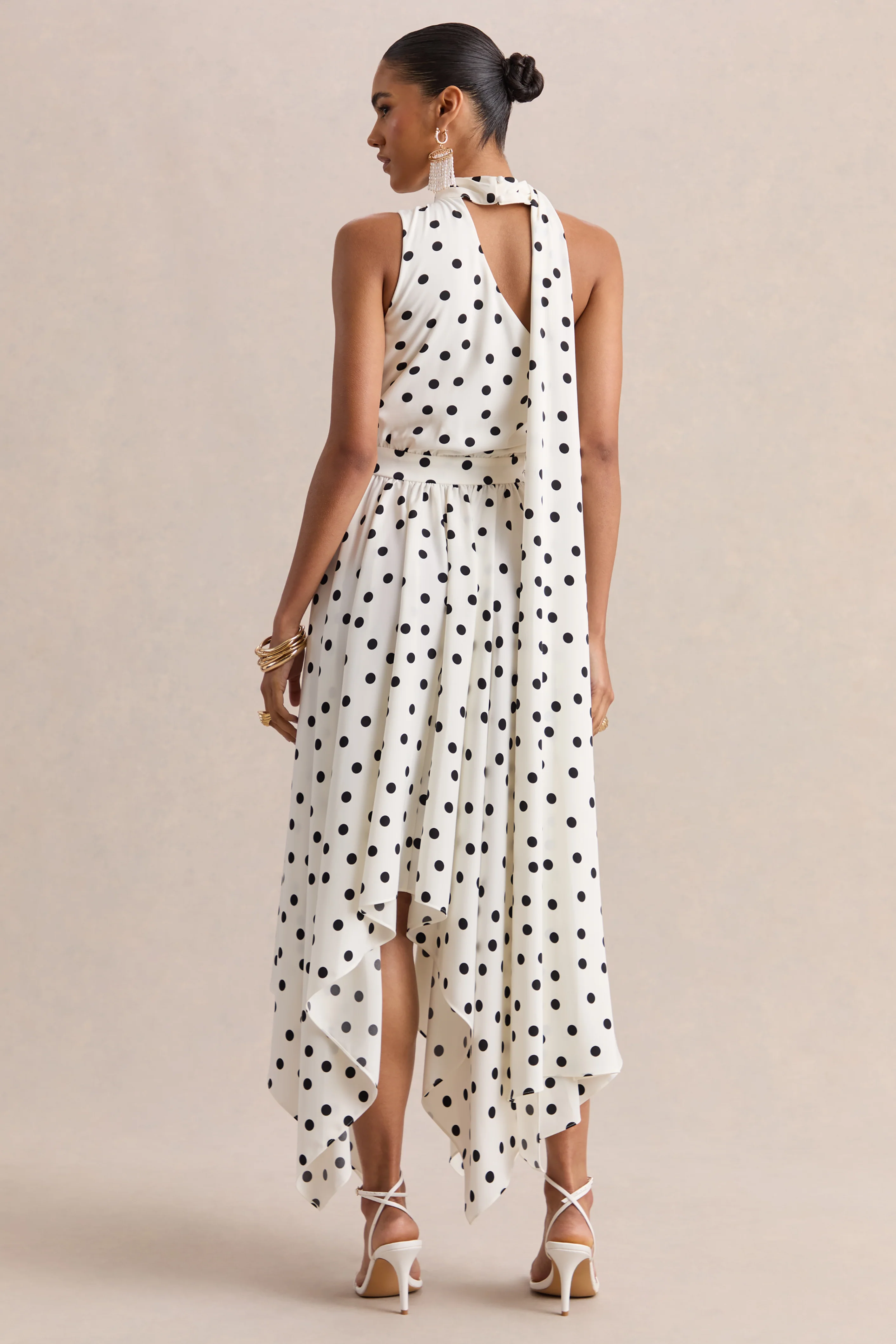 Caluna | White And Black Polka Dot Satin Asymmetric-Neck Midi Dress With Scarf-Detail - Image 2