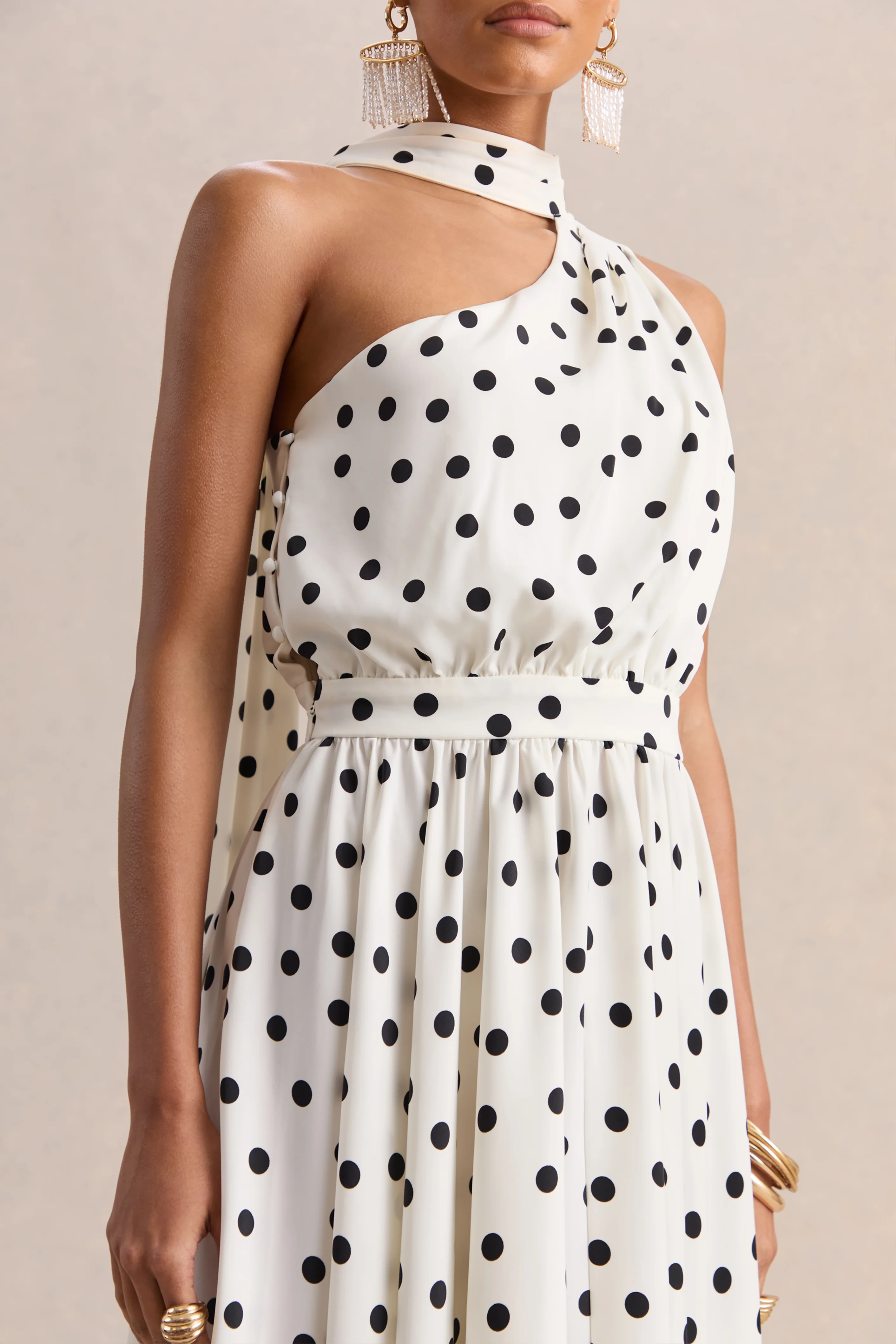 Caluna | White And Black Polka Dot Satin Asymmetric-Neck Midi Dress With Scarf-Detail - Image 3