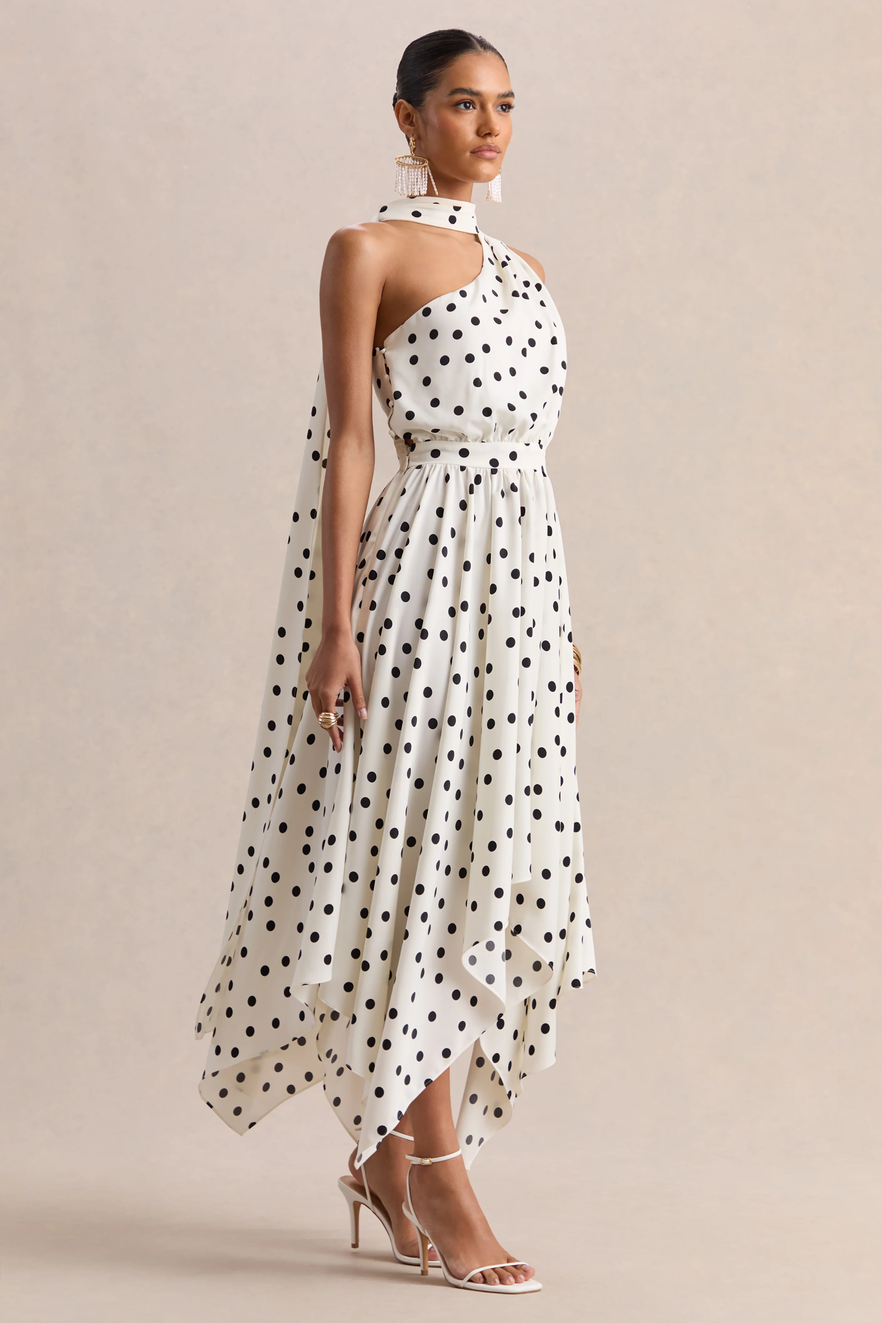 Caluna | White And Black Polka Dot Satin Asymmetric-Neck Midi Dress With Scarf-Detail - Image 4