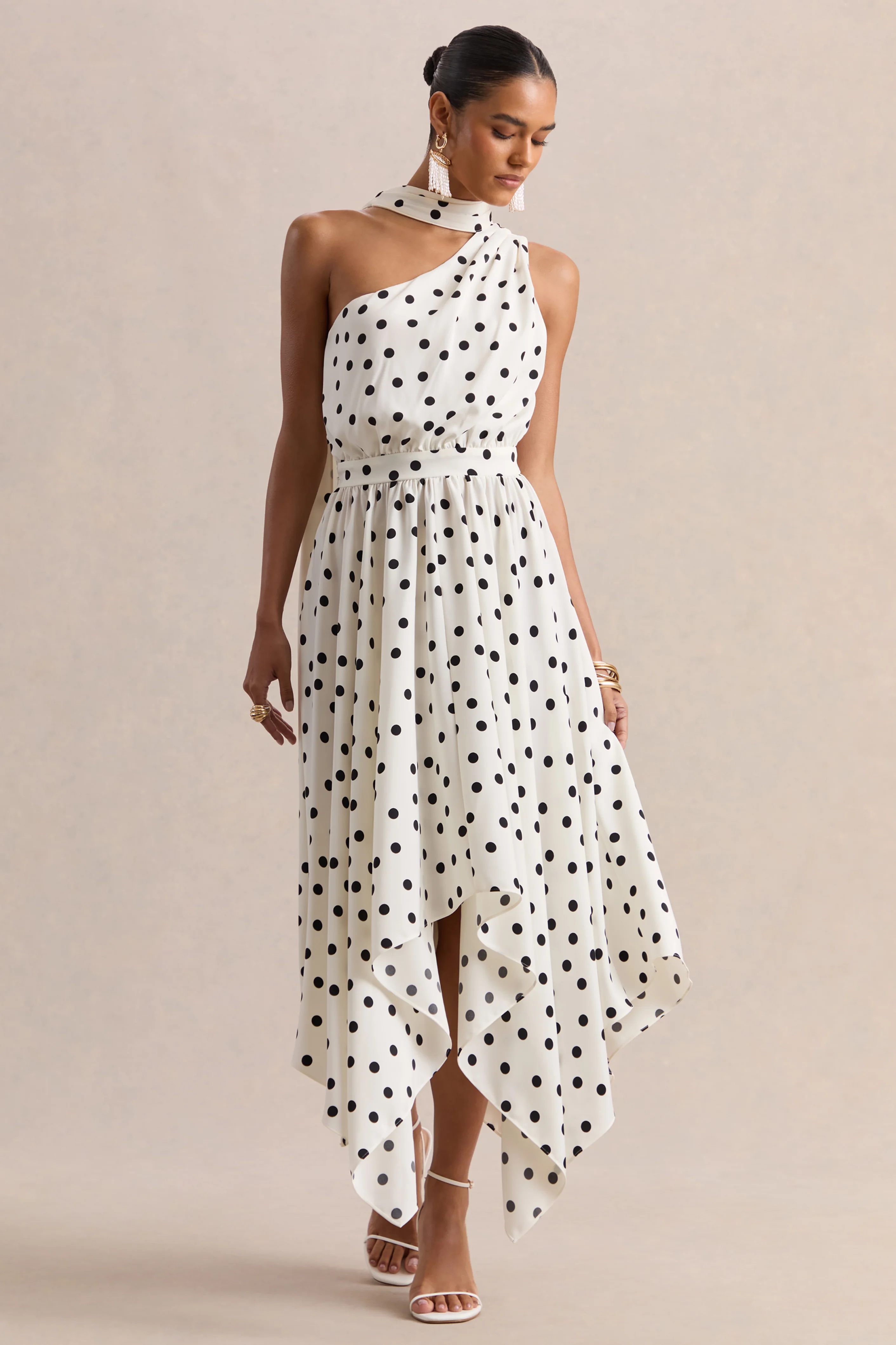 Caluna | White And Black Polka Dot Satin Asymmetric-Neck Midi Dress With Scarf-Detail - Image 5