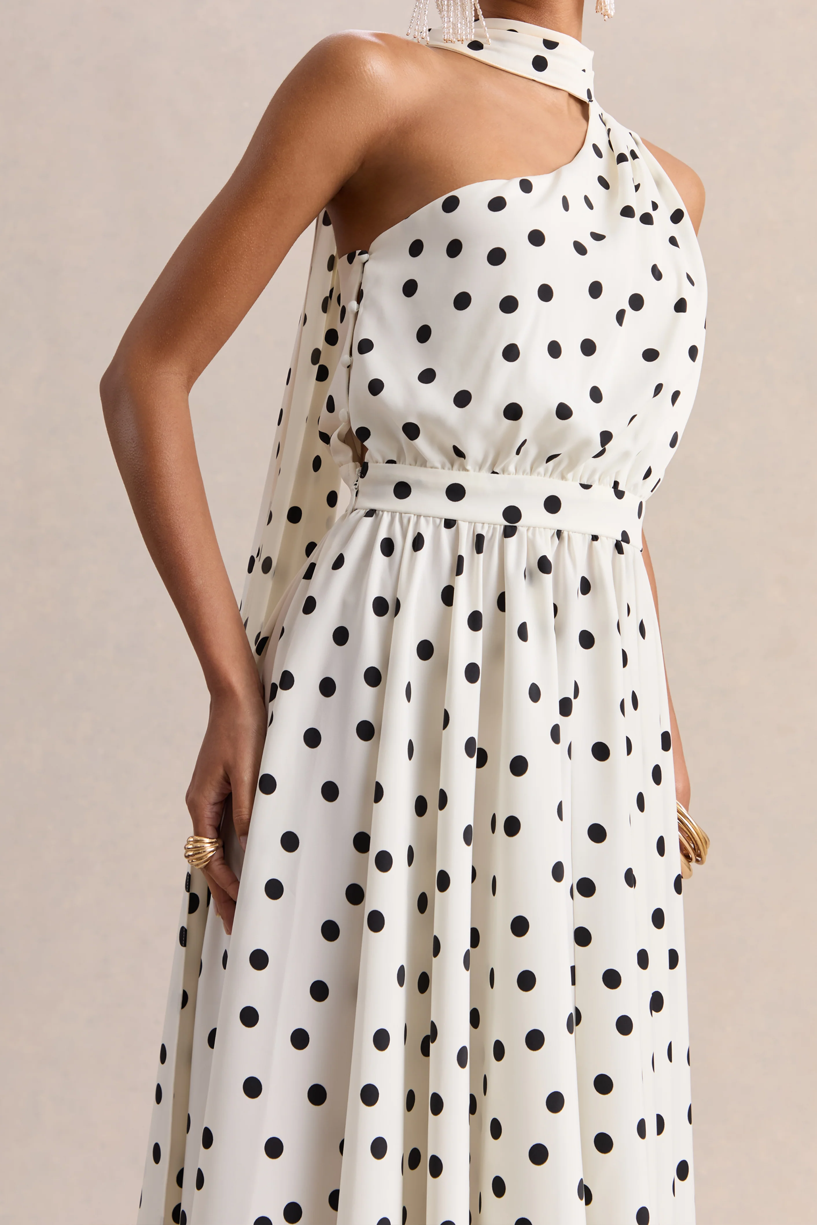Caluna | White And Black Polka Dot Satin Asymmetric-Neck Midi Dress With Scarf-Detail - Image 6