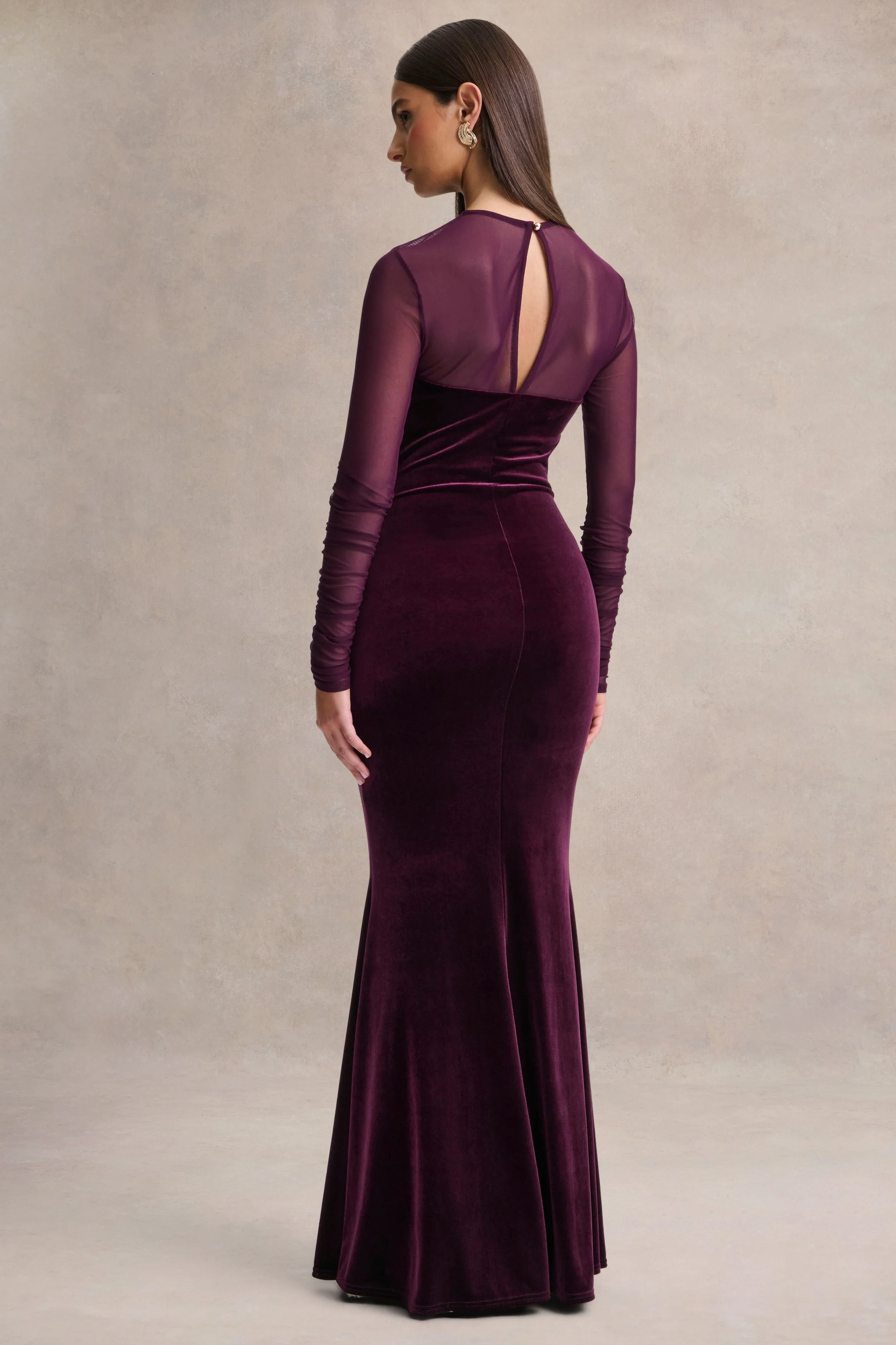 Cambria | Plum Velvet High-Neck Maxi Dress With Draped-Detailing - Image 2