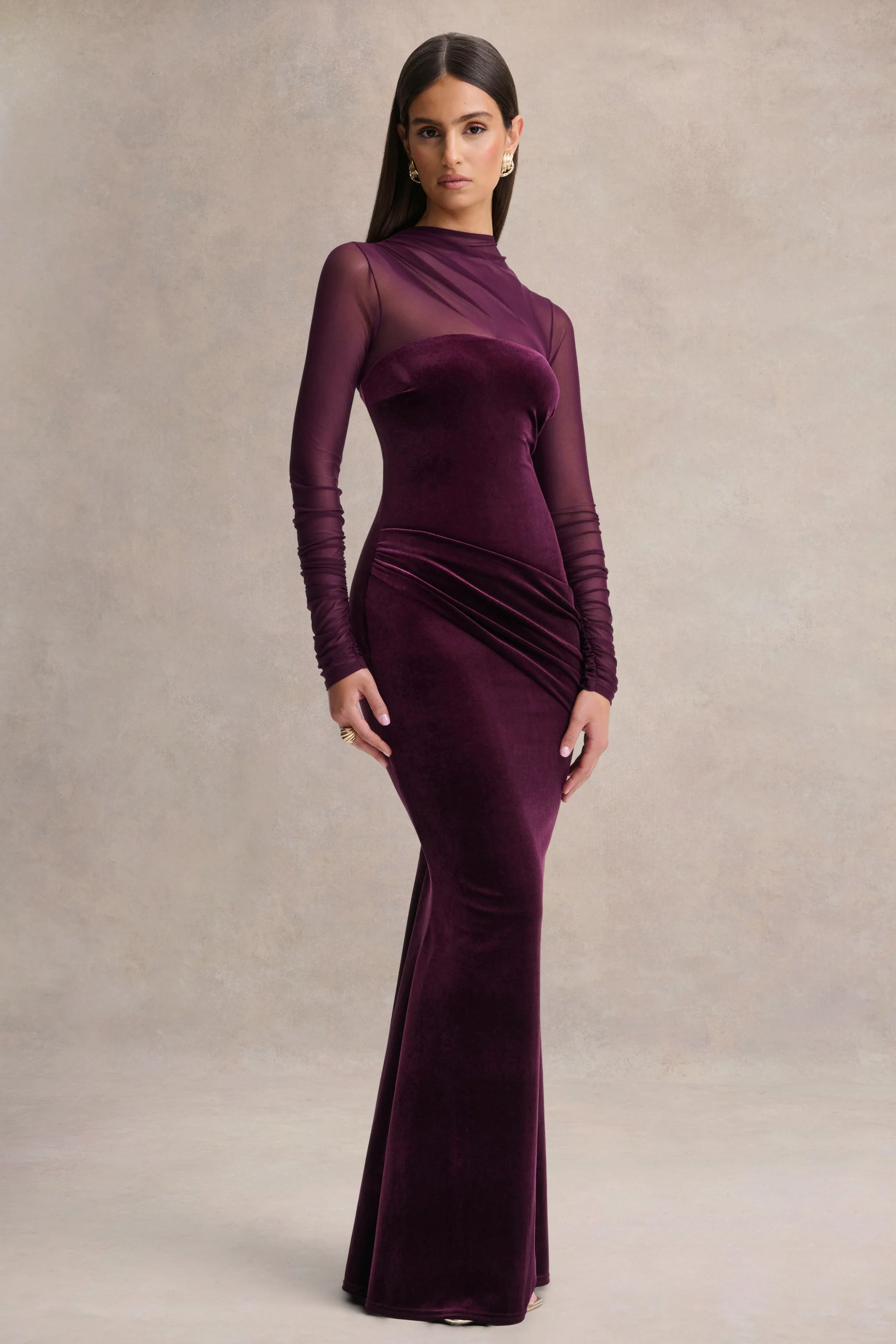 Cambria | Plum Velvet High-Neck Maxi Dress With Draped-Detailing - Image 4