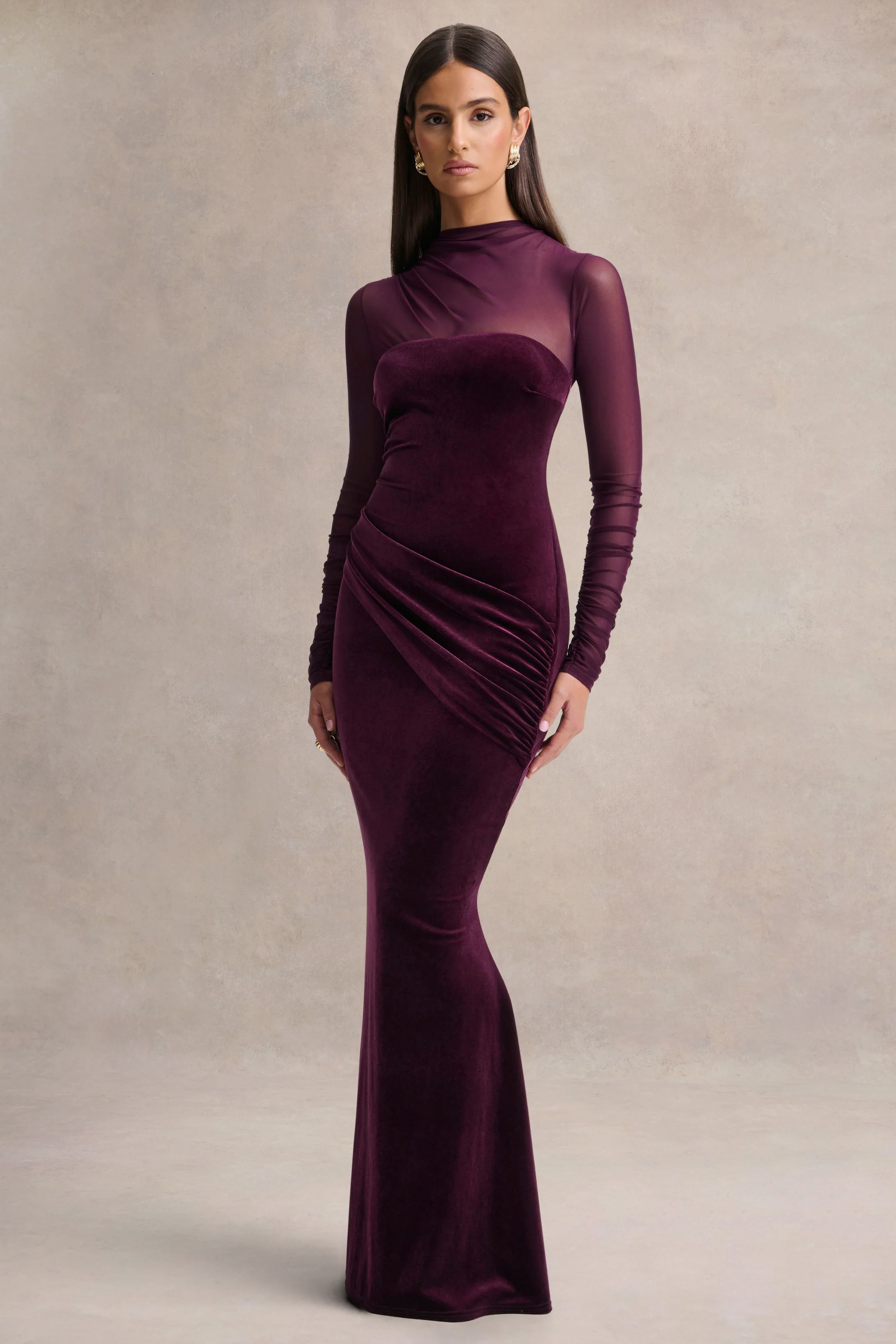 Cambria | Plum Velvet High-Neck Maxi Dress With Draped-Detailing - Image 5
