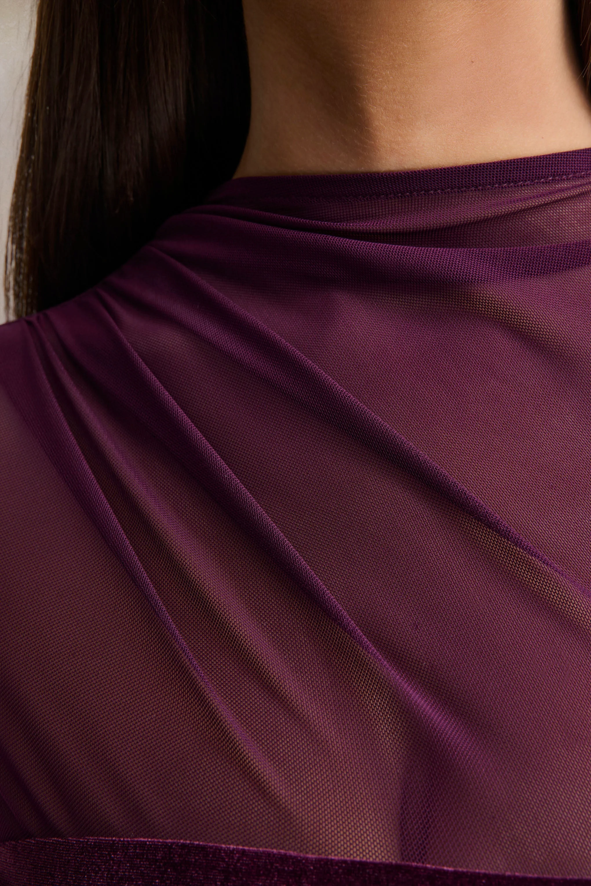 Cambria | Plum Velvet High-Neck Maxi Dress With Draped-Detailing - Image 6