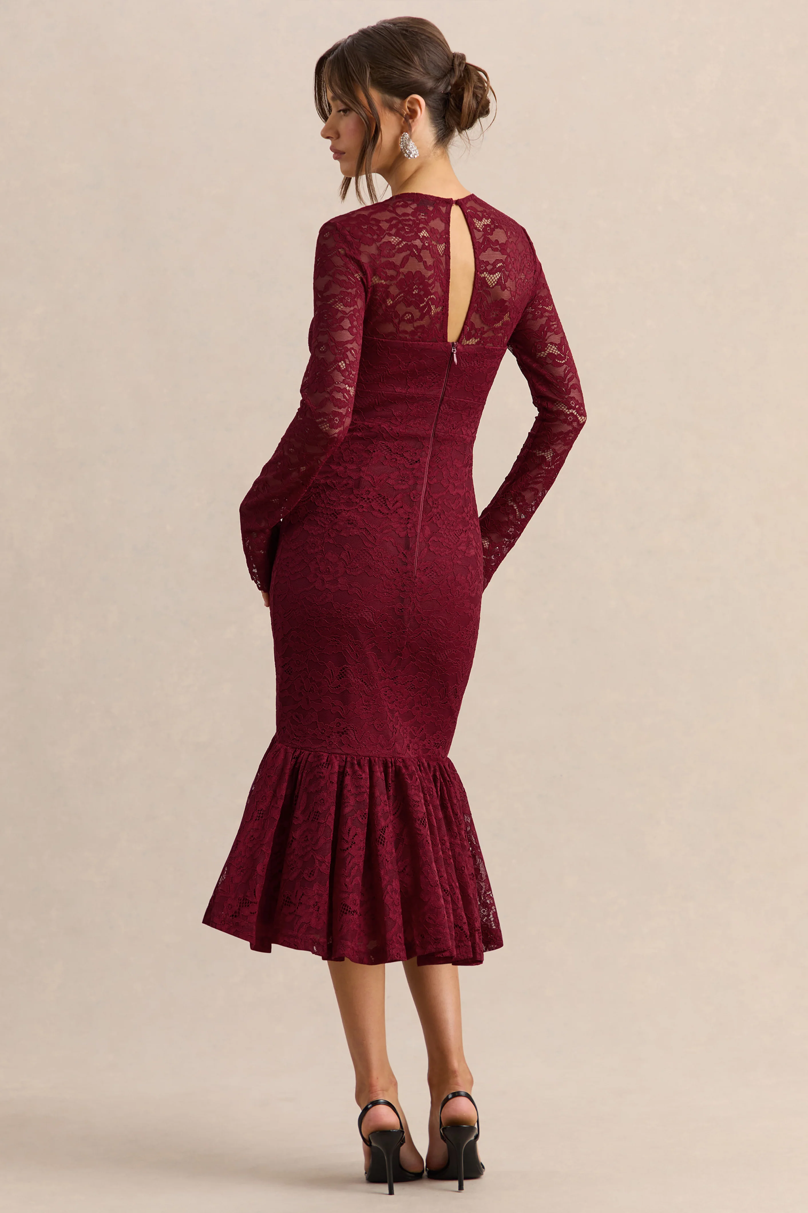 Camilly | Burgundy Lace Plunge-Neck Mermaid Midi Dress - Image 2