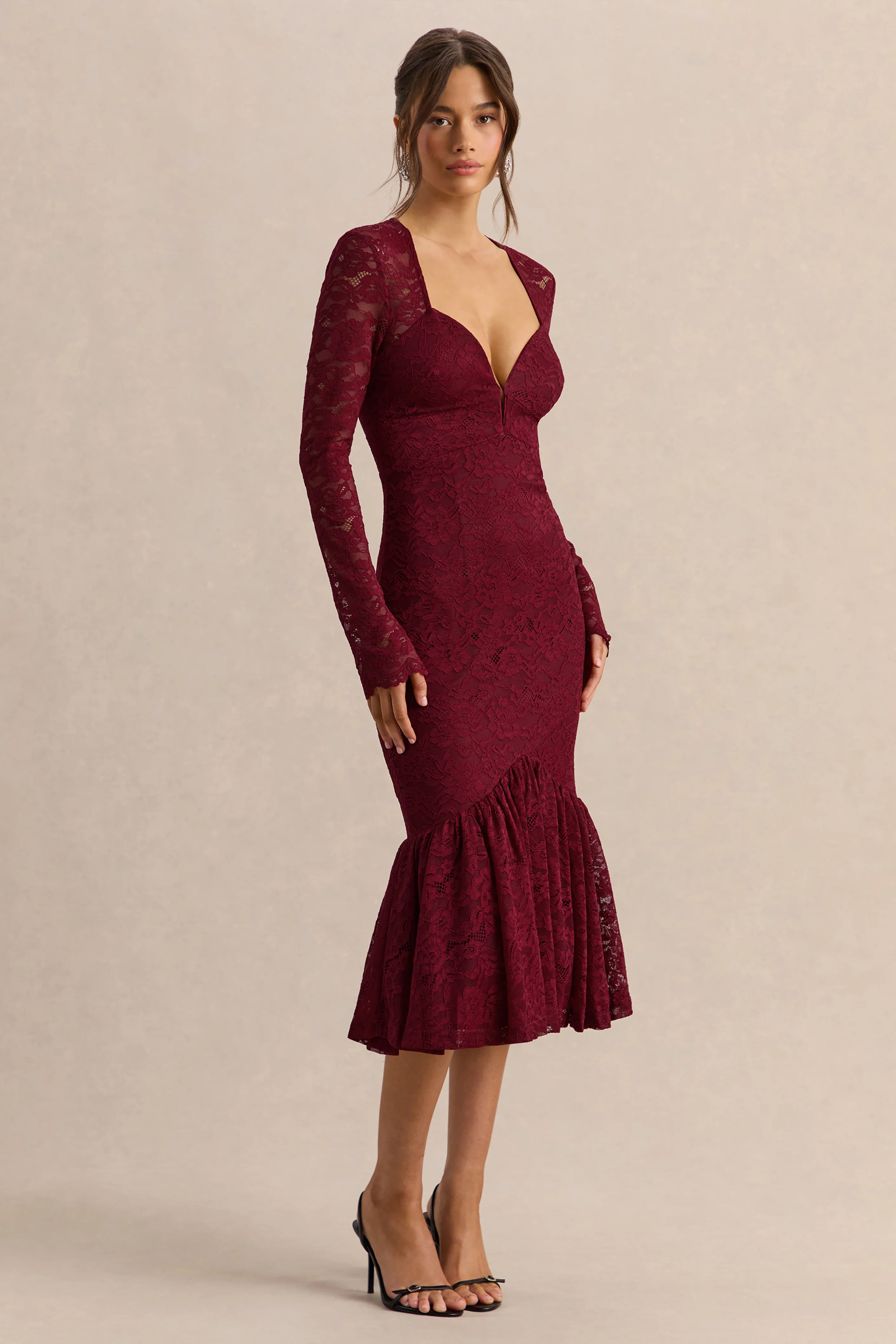 Camilly | Burgundy Lace Plunge-Neck Mermaid Midi Dress - Image 4