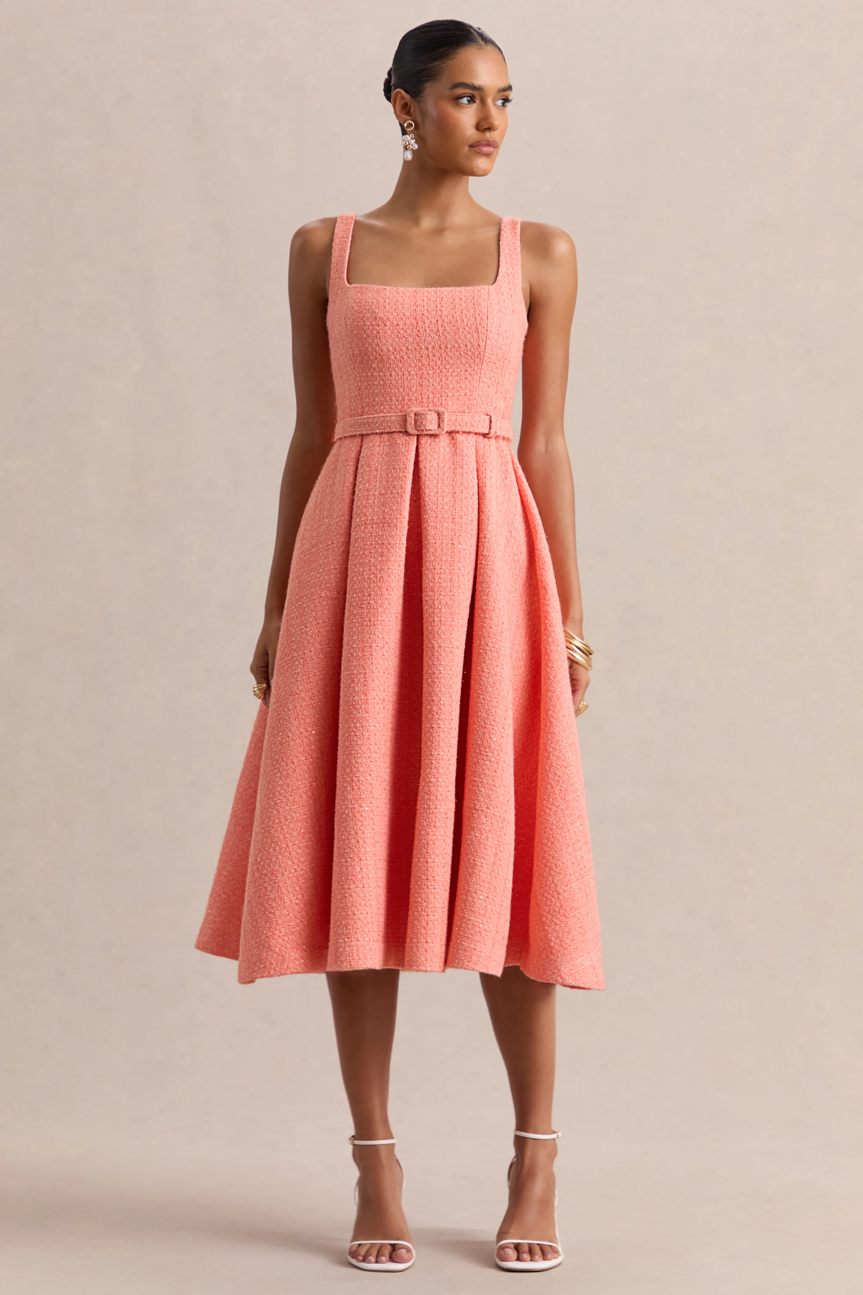 Camoria | Coral Boucle Square-Neck Midi Dress - Image 5