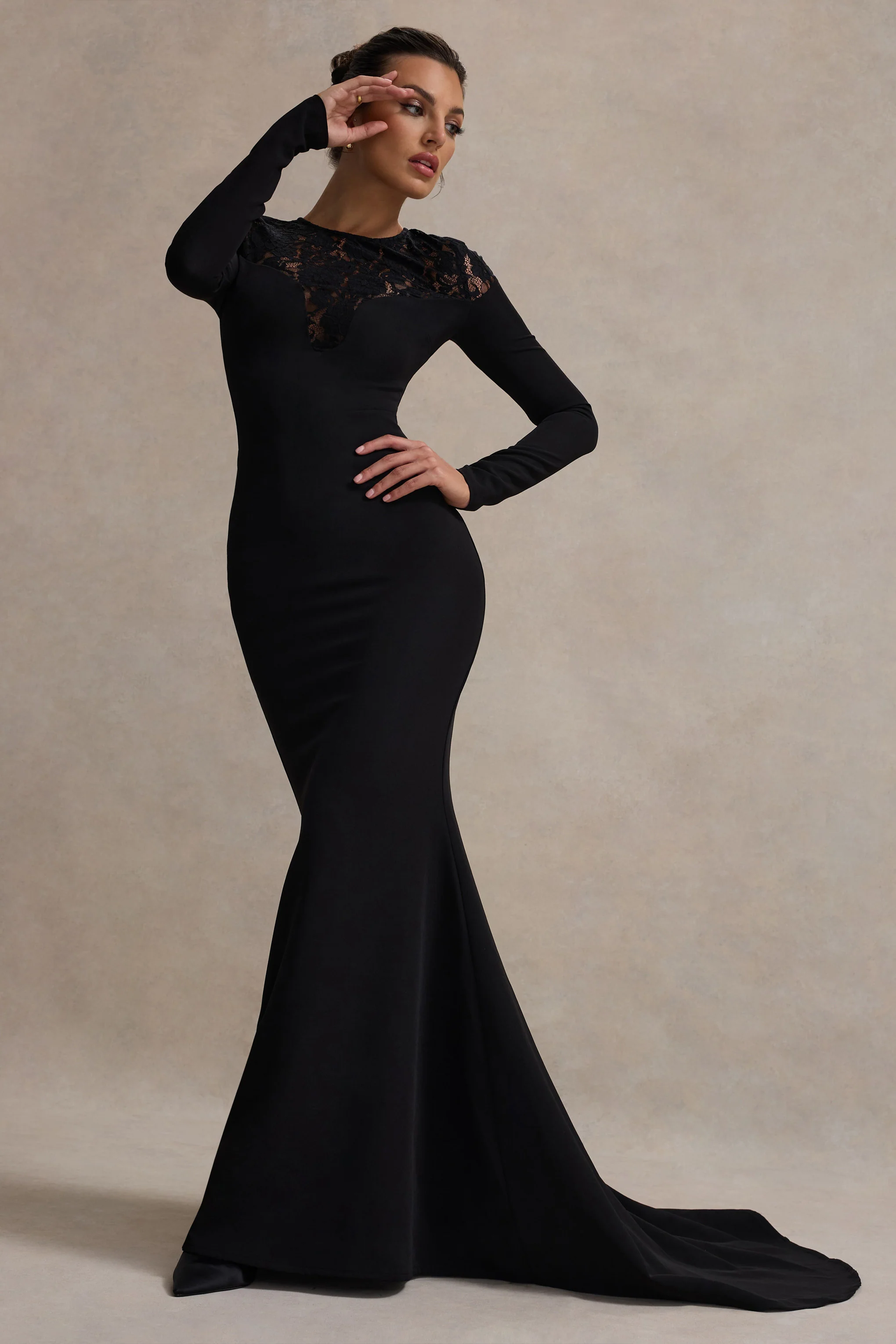 Campbell | Black Long-Sleeve Maxi Dress With Lace Detail - Image 3