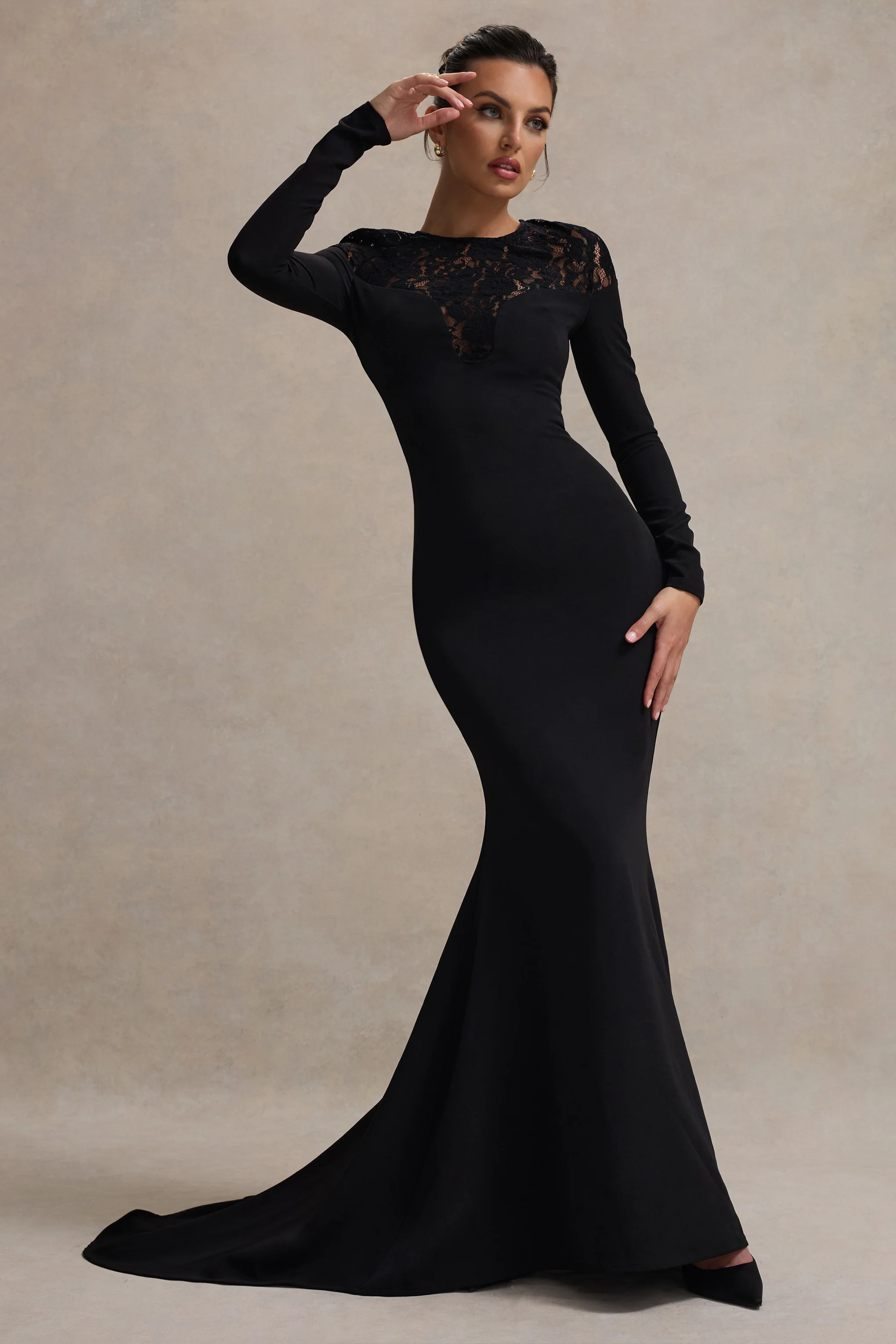 Campbell | Black Long-Sleeve Maxi Dress With Lace Detail - Image 4