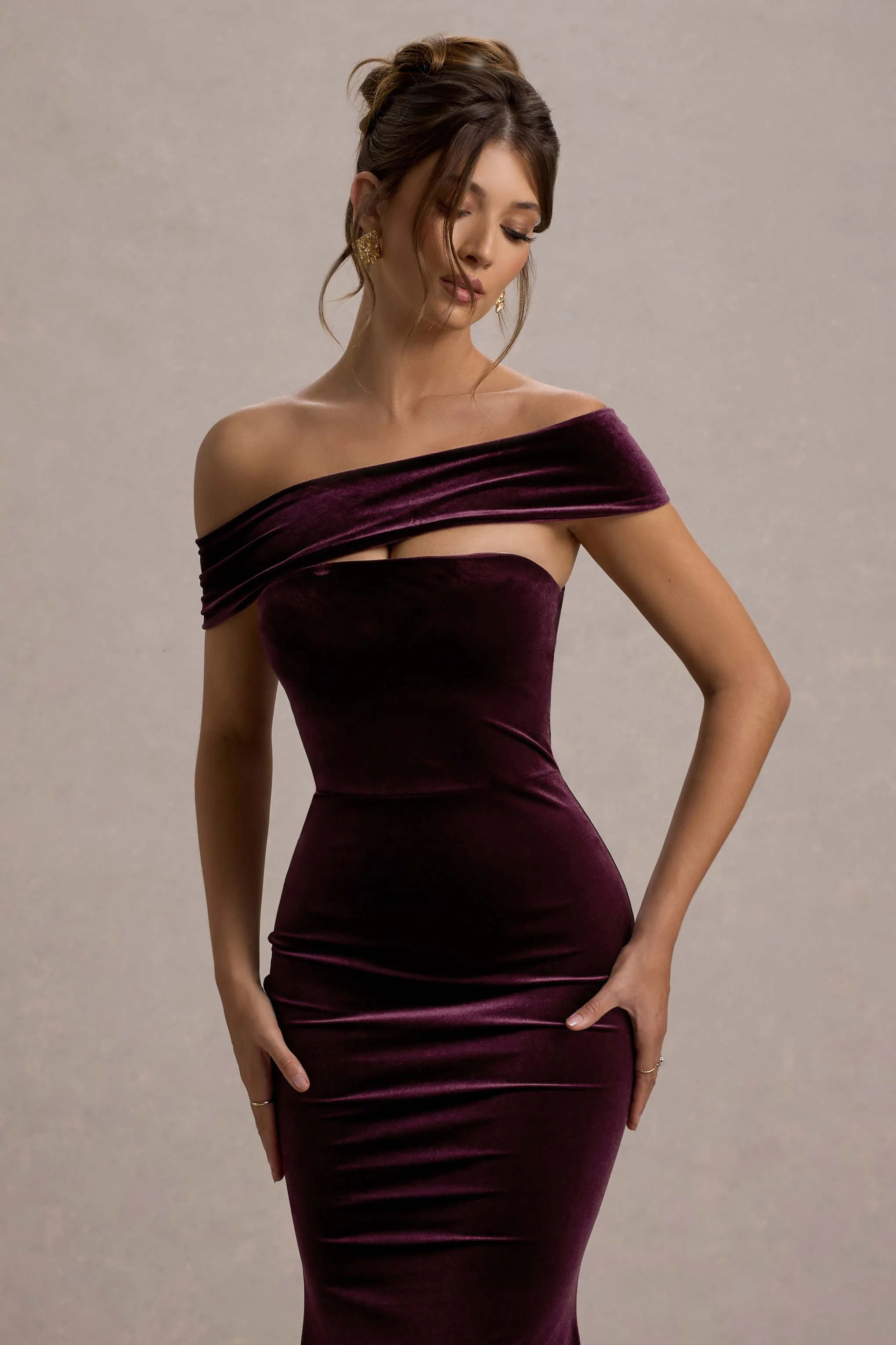 Candela | Port Velvet Asymmetric Bardot Maxi Dress - Image 3