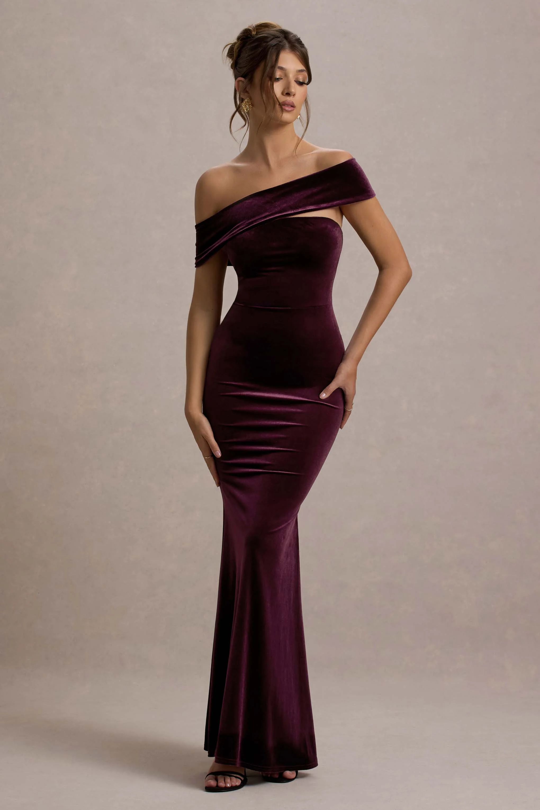 Candela | Port Velvet Asymmetric Bardot Maxi Dress - Image 4
