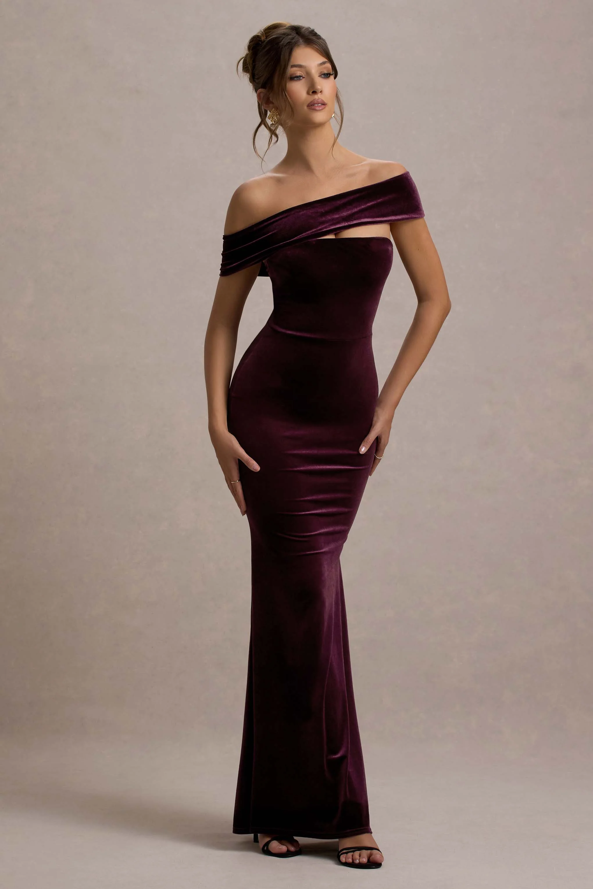 Candela | Port Velvet Asymmetric Bardot Maxi Dress - Image 5