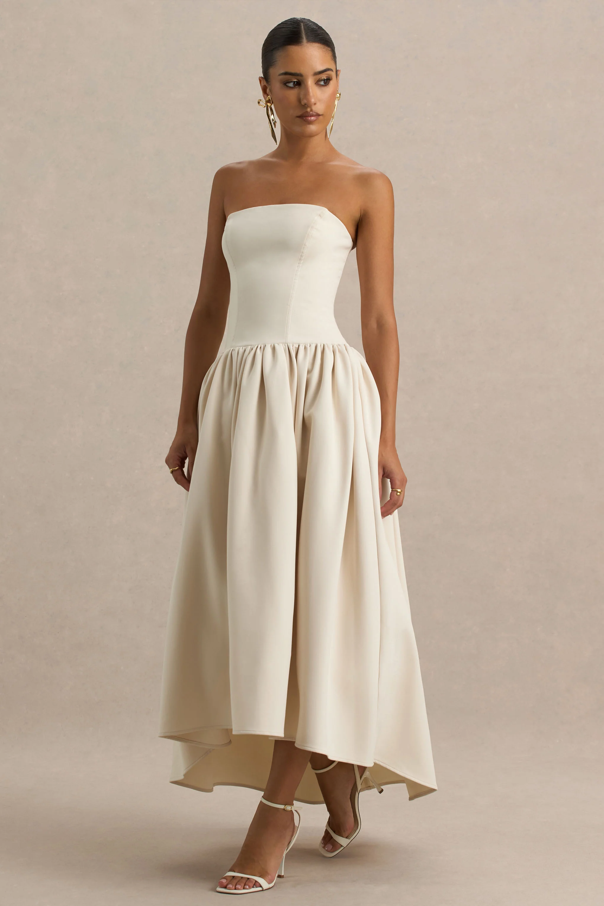 Candice | Cream Bandeau Volume Midi Dress With Back Bow Detail - Image 10