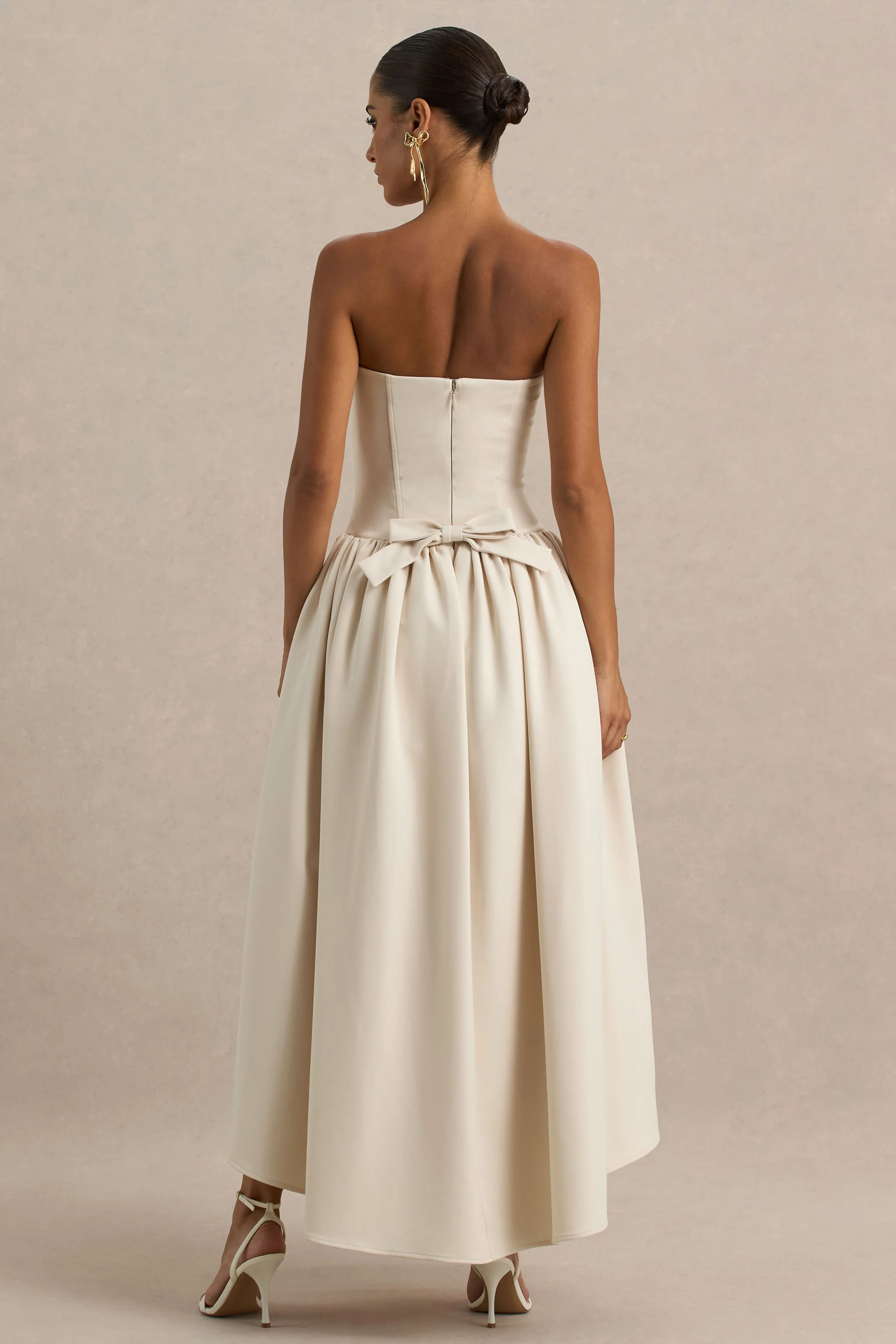 Candice | Cream Bandeau Volume Midi Dress With Back Bow Detail - Image 2