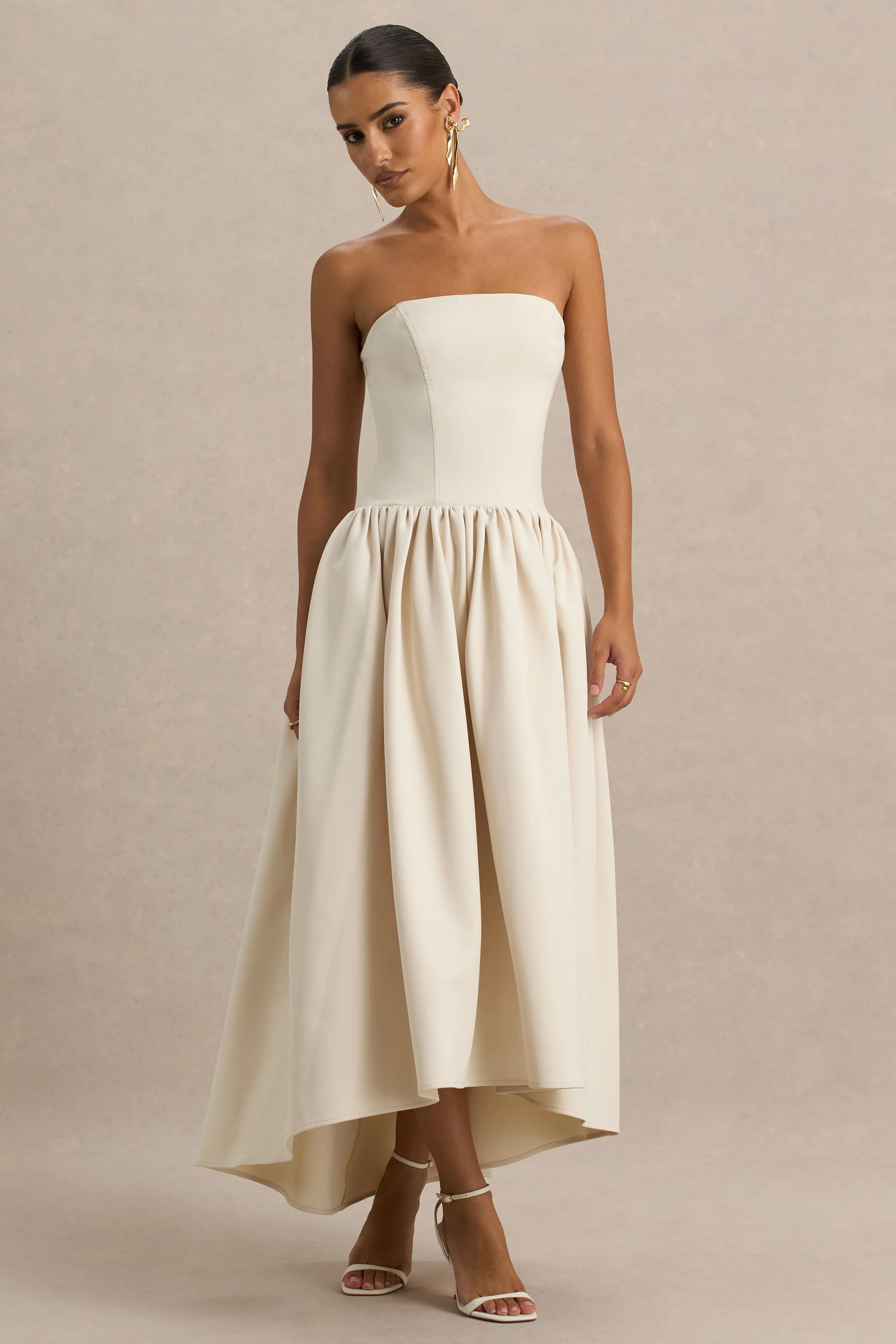 Candice | Cream Bandeau Volume Midi Dress With Back Bow Detail - Image 3