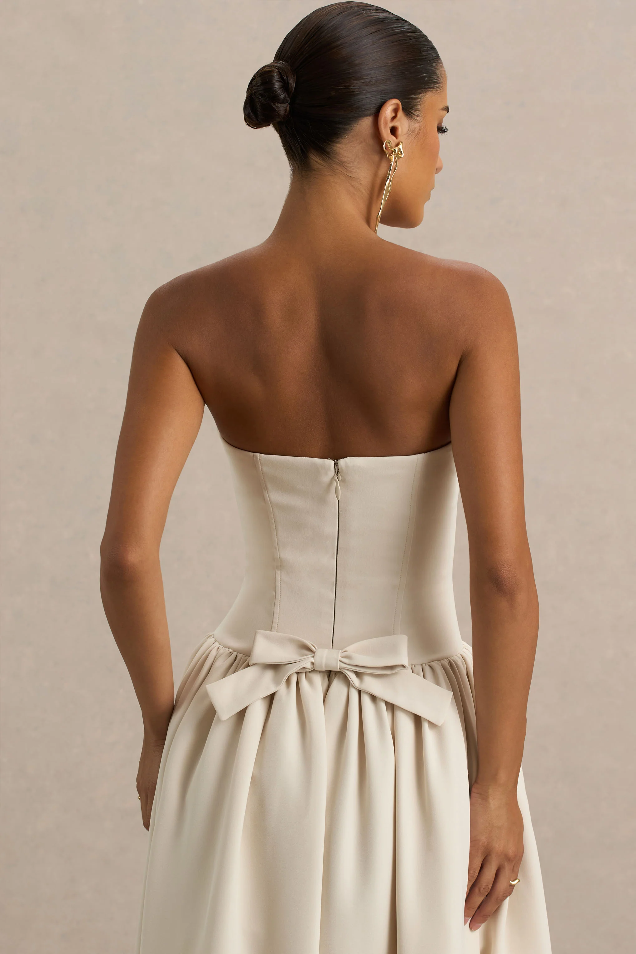Candice | Cream Bandeau Volume Midi Dress With Back Bow Detail - Image 5