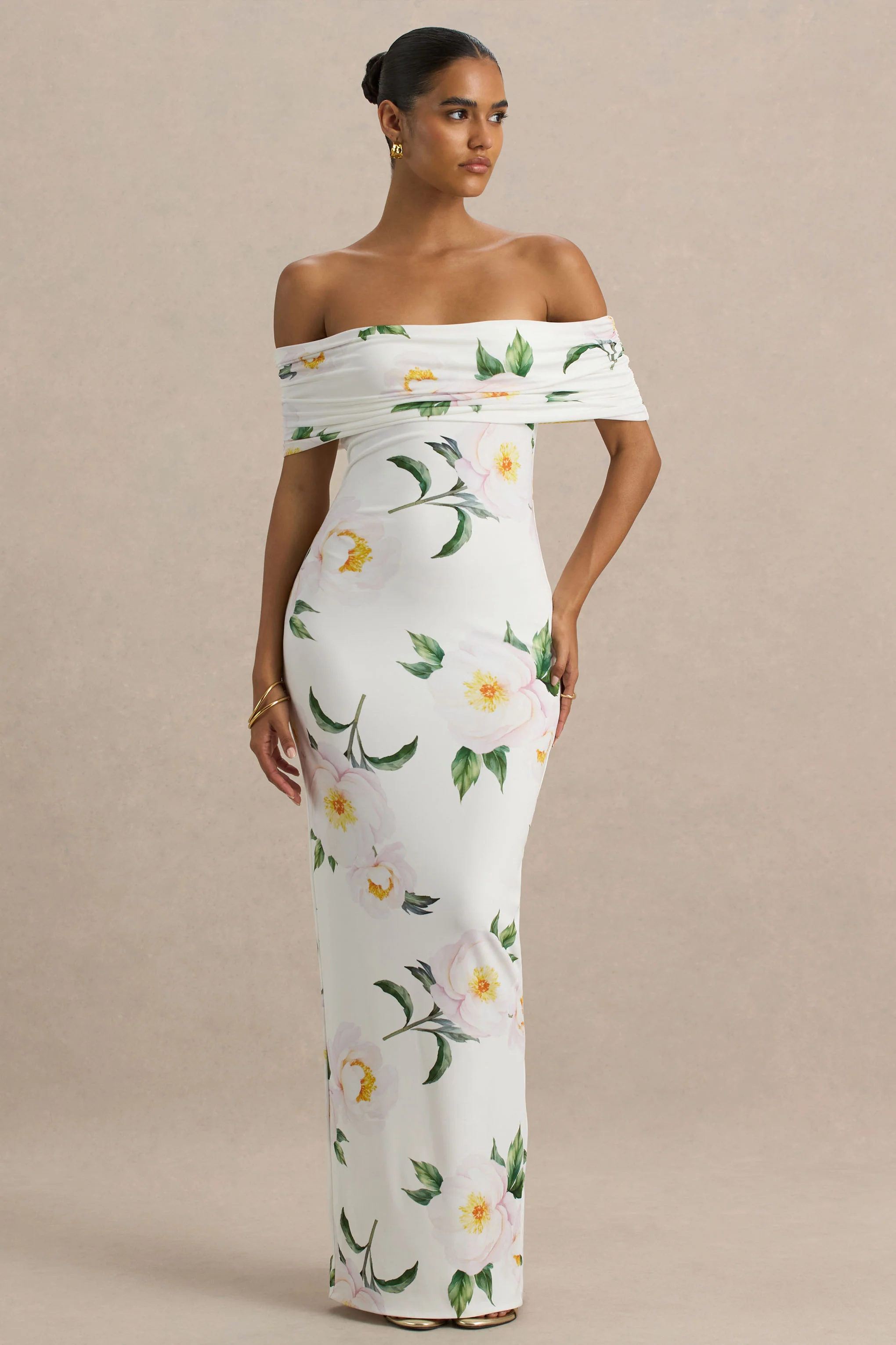 Capri | White Rose Print Bardot-Neck Maxi Dress With Ruched Detailing - Image 4