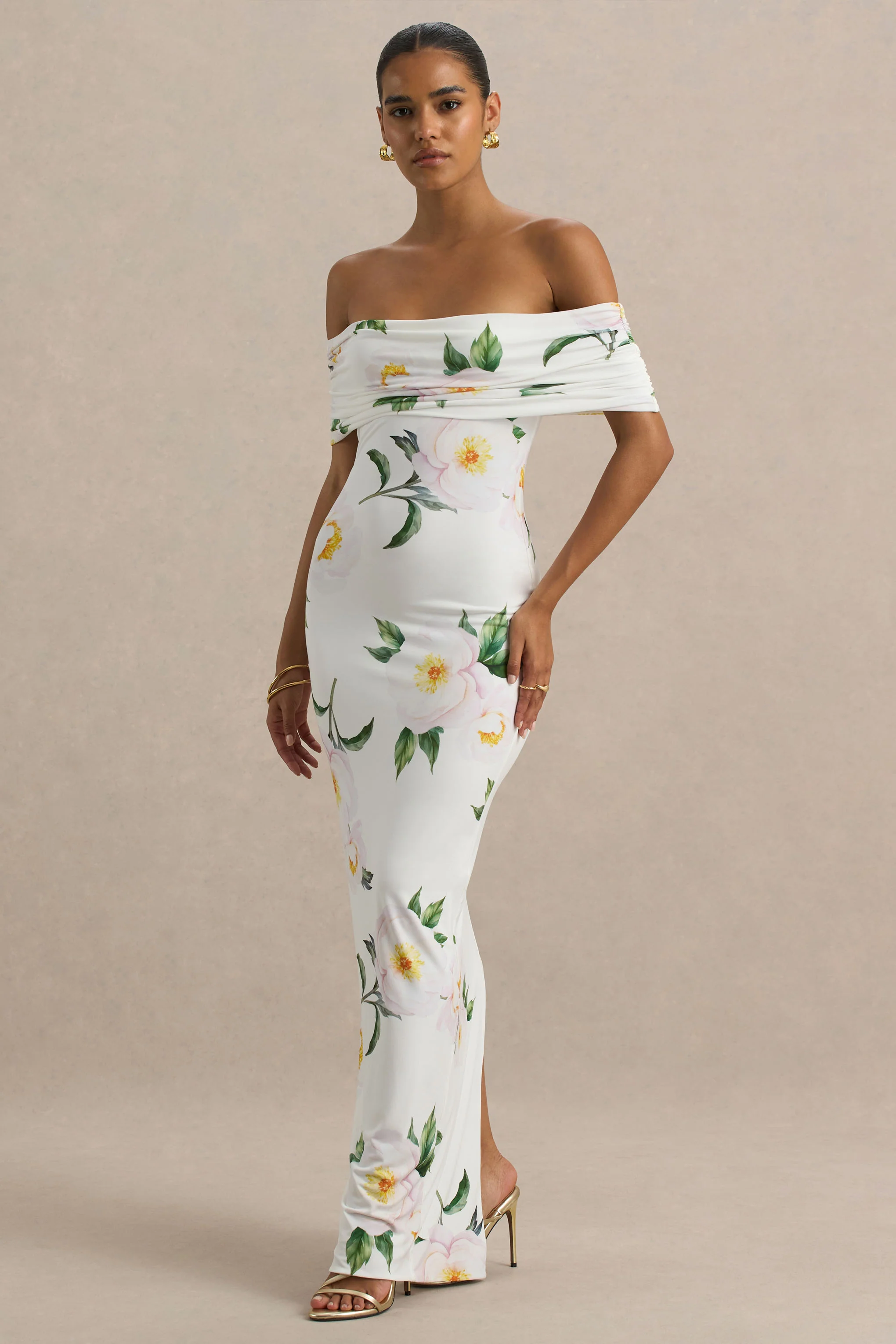 Capri | White Rose Print Bardot-Neck Maxi Dress With Ruched Detailing - Image 5