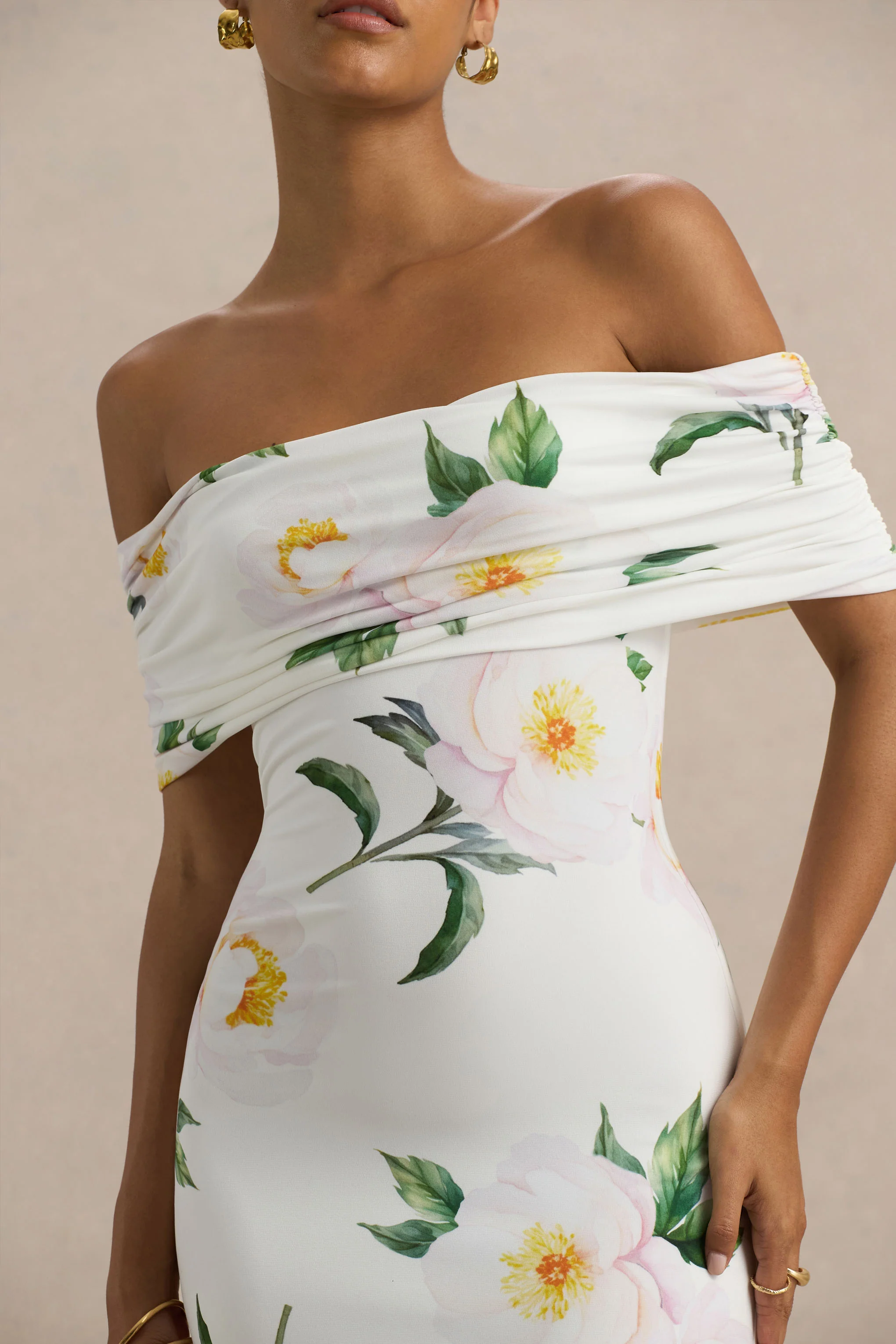 Capri | White Rose Print Bardot-Neck Maxi Dress With Ruched Detailing - Image 6