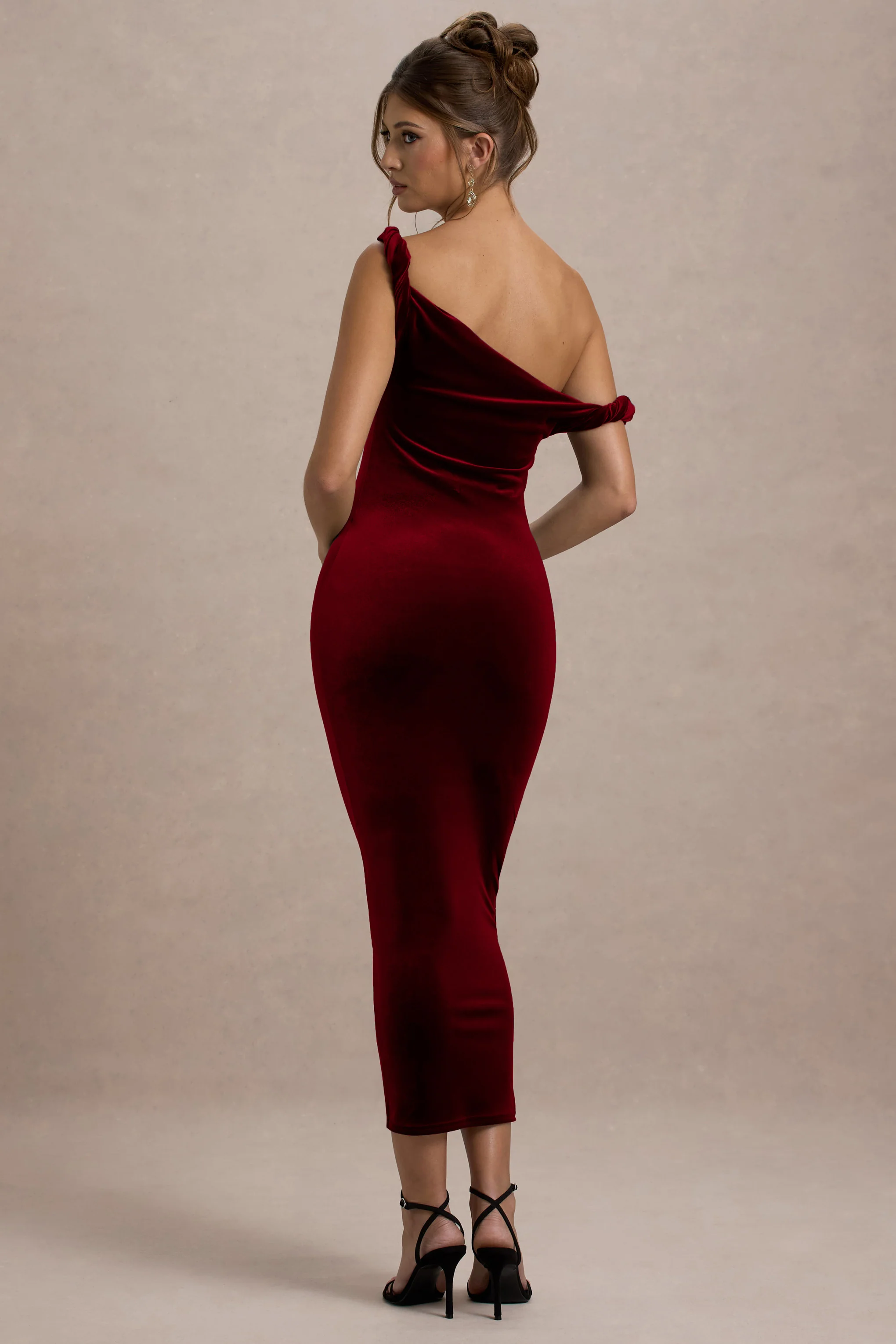 Carella | Berry Velvet Twisted Asymmetric Midi Dress - Image 2